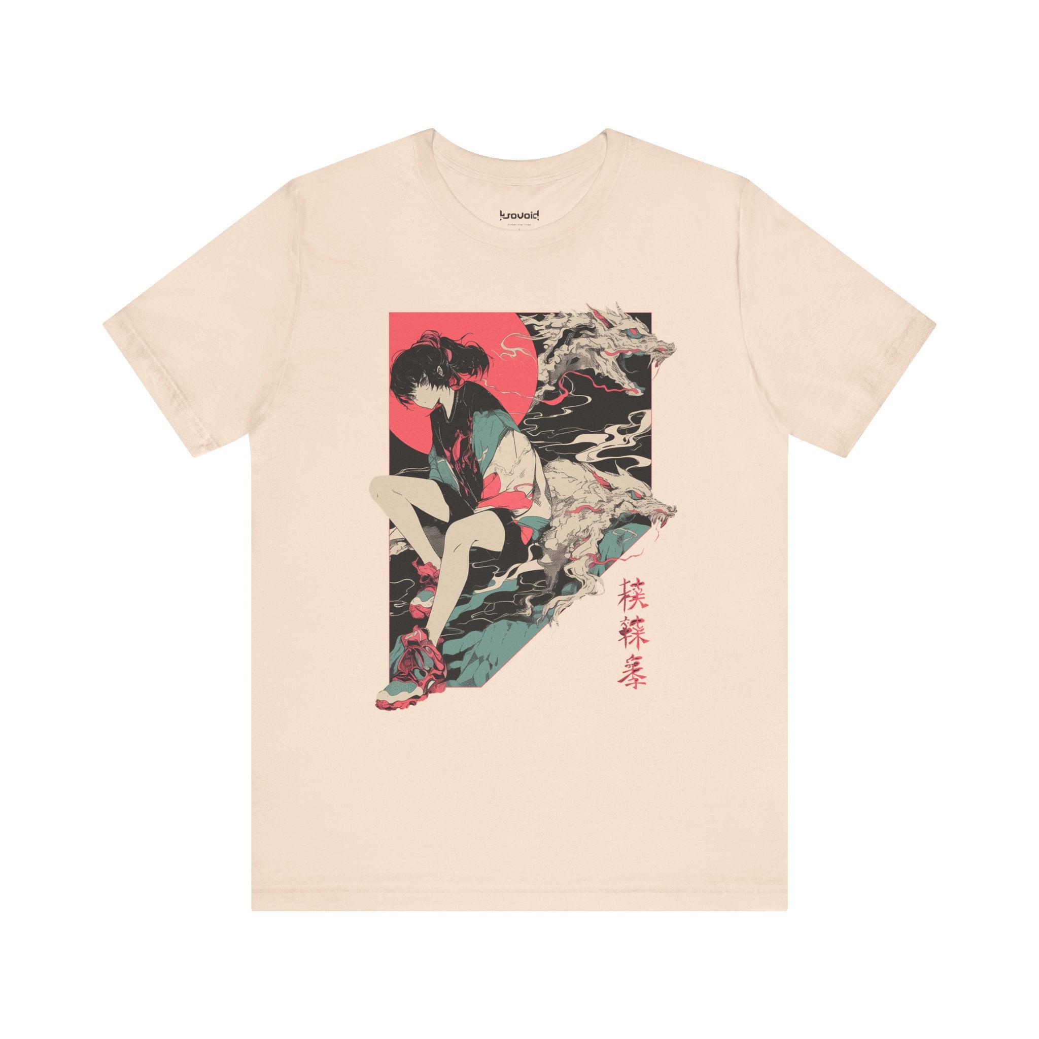 Neon Oni Dragon’s Echo anime T-shirt with modern girl in sneakers, twin dragon spirits, and red sun backdrop