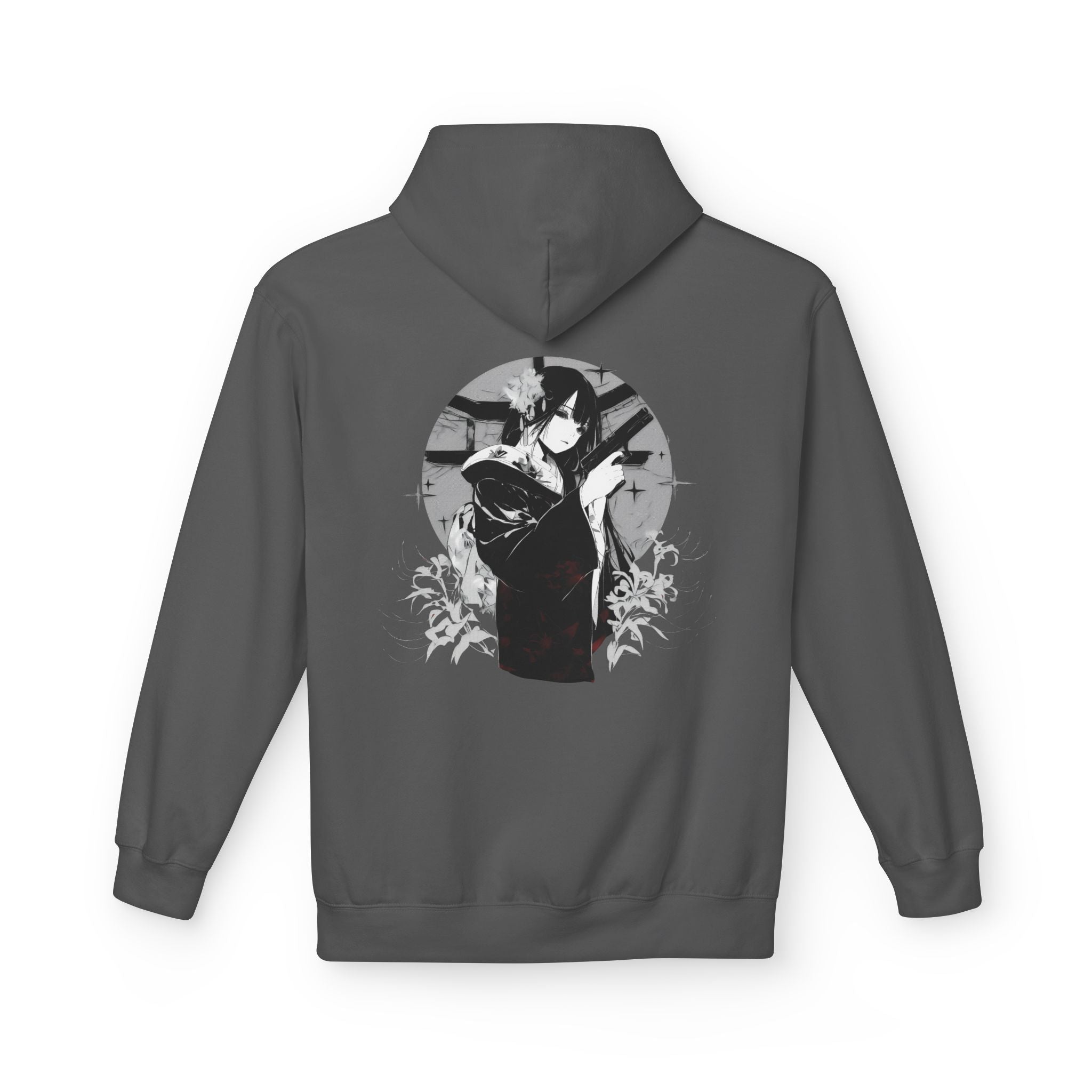 Crimson Silence Black Dahlia anime hoodie with kimono-clad woman holding handgun, lilies and circular backdrop