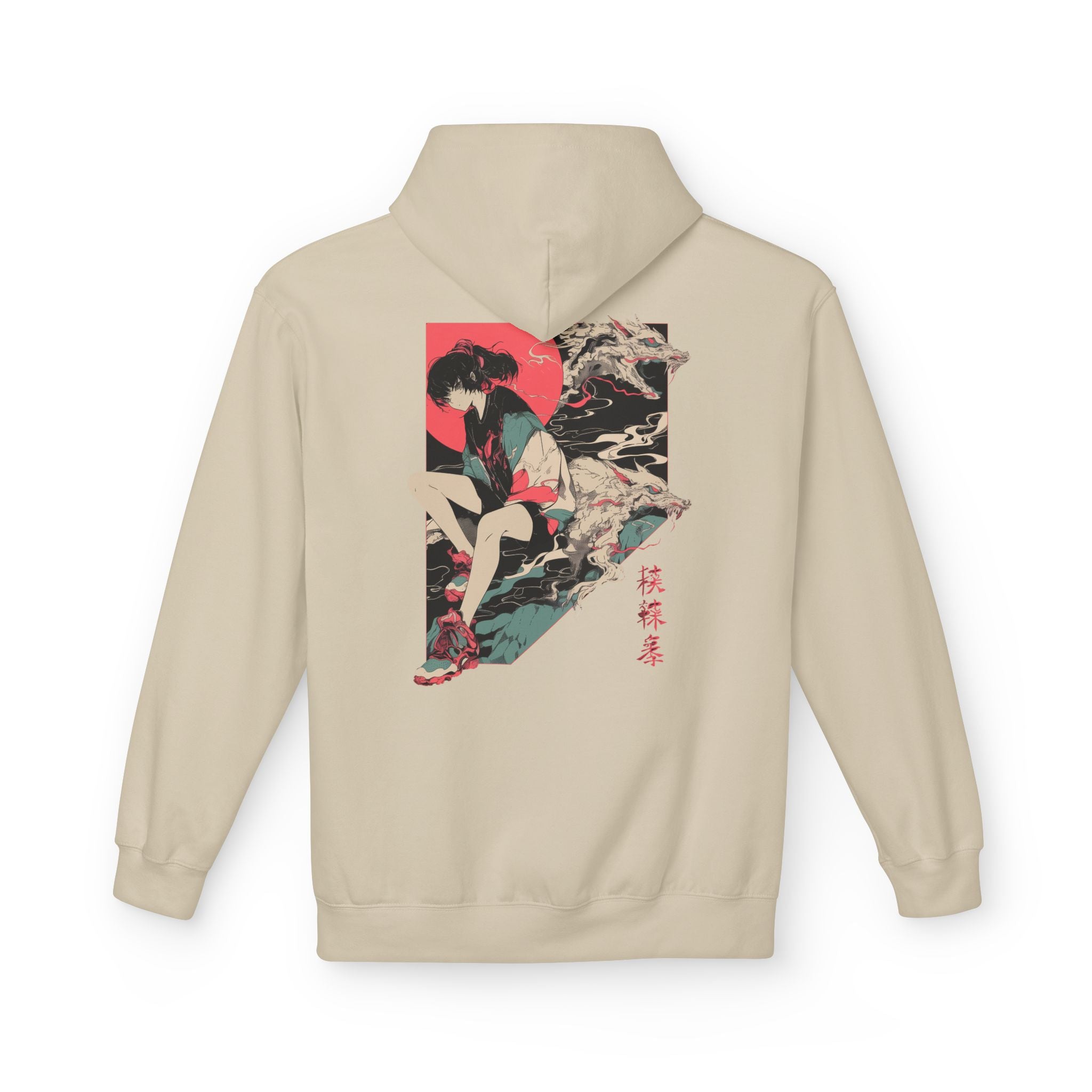 Neon Oni Dragon’s Echo anime hoodie featuring girl in oversized jacket with sneakers, dragon spirits, and neon red sun