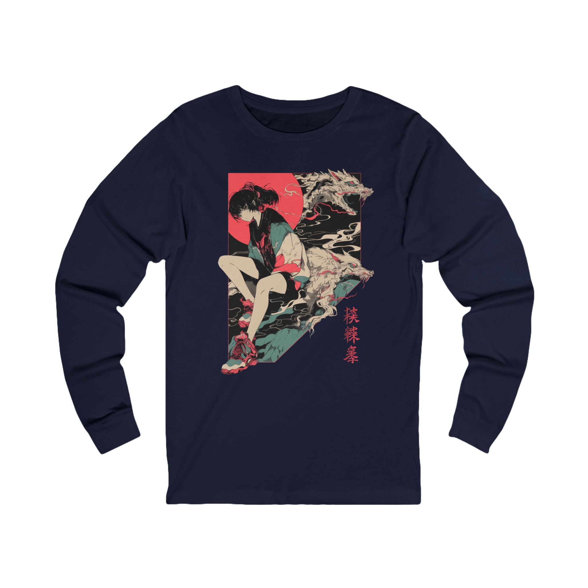 Neon Oni Dragon’s Echo anime long sleeve shirt featuring girl in sneakers and oversized jacket with dragon spirits and neon sun
