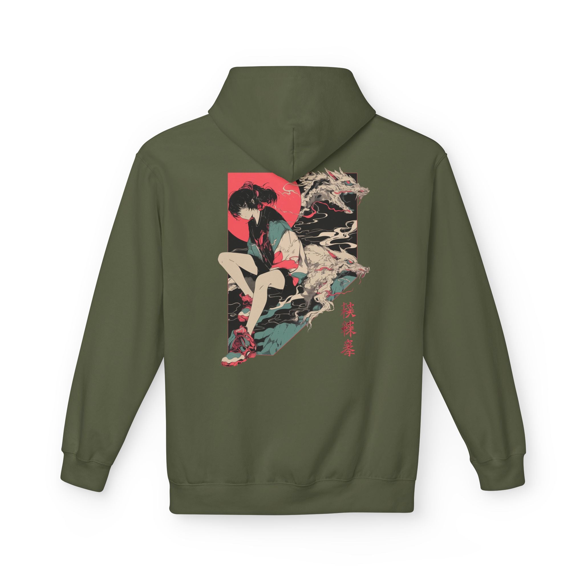Neon Oni Dragon’s Echo anime hoodie featuring girl in oversized jacket with sneakers, dragon spirits, and neon red sun