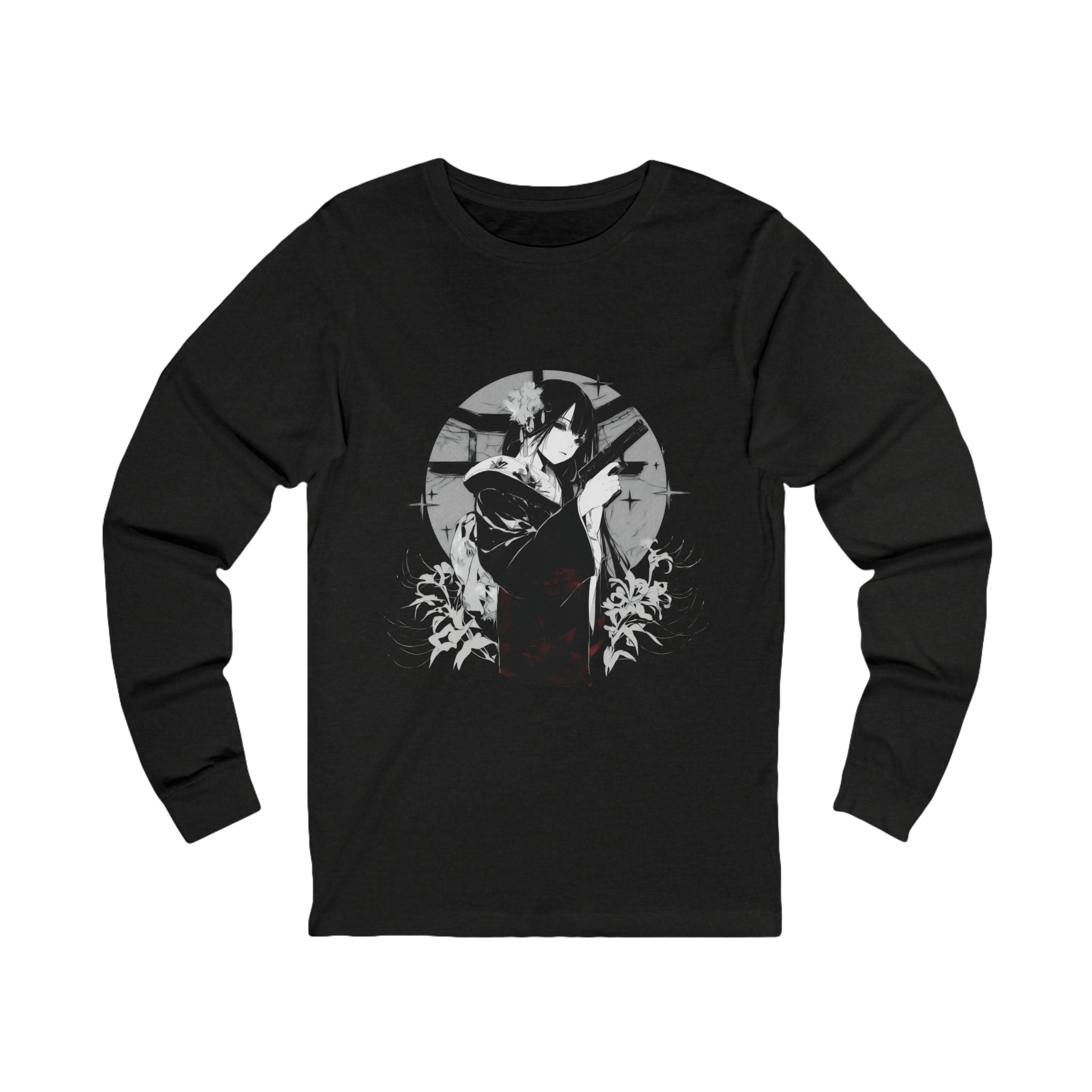 Crimson Silence Black Dahlia anime long sleeve shirt with woman in black kimono, handgun, lilies and circular backdrop