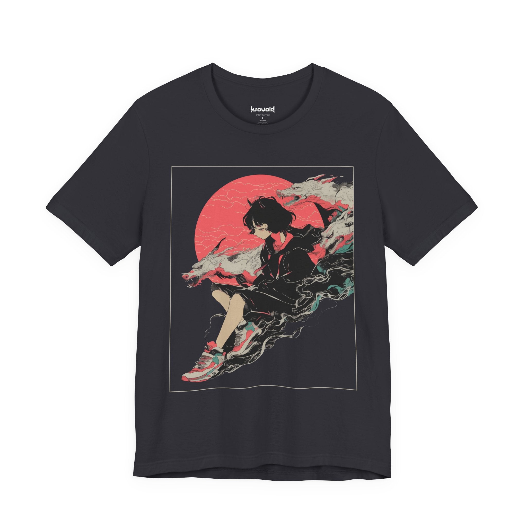 Neon Oni Moon’s Veil anime T-shirt featuring horned girl in streetwear with dragon spirits and neon red moon