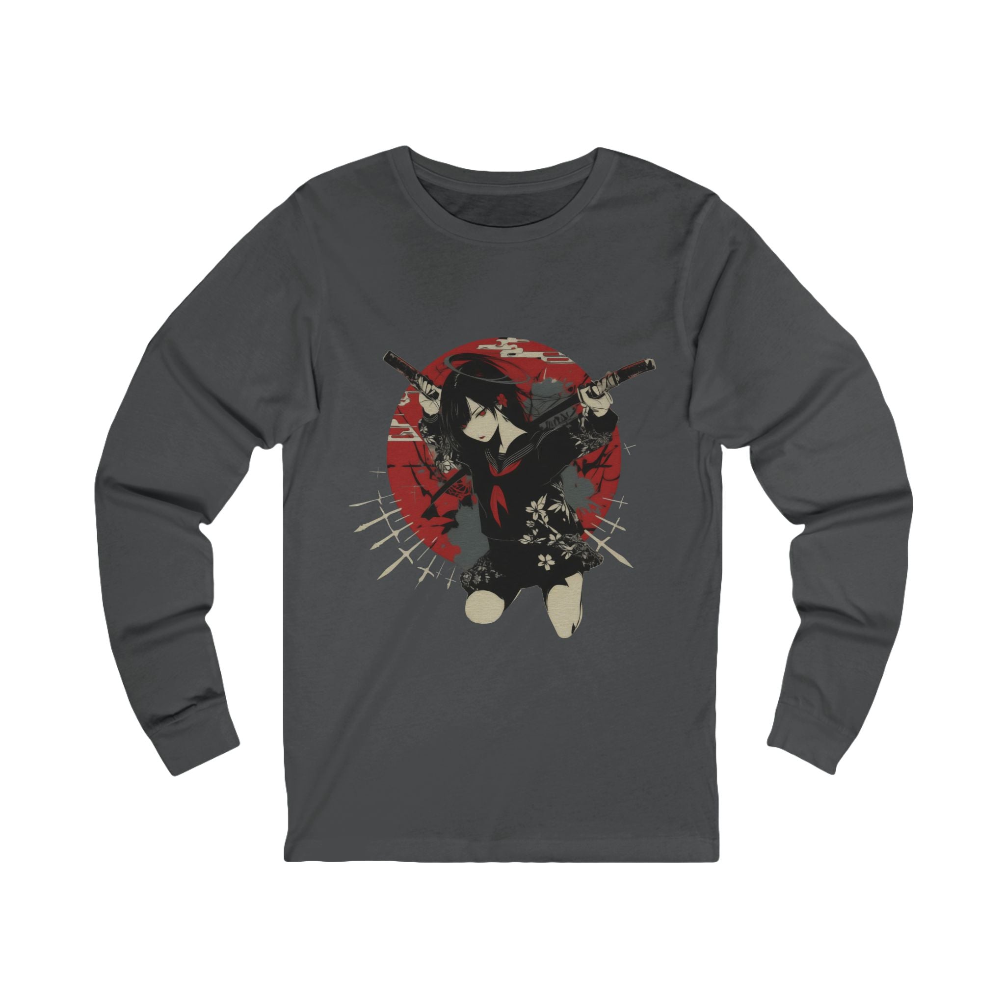 Crimson Silence Blade of Vengeance anime long sleeve shirt with dual katana girl, halo, and red Japanese circle backdrop