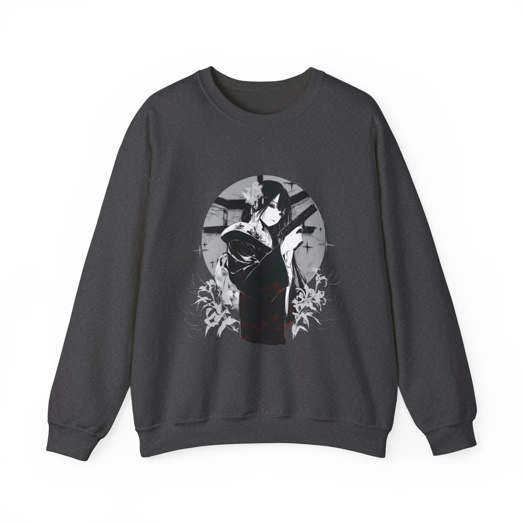 Crimson Silence Black Dahlia anime sweatshirt featuring assassin woman in kimono, lilies, and handgun motif