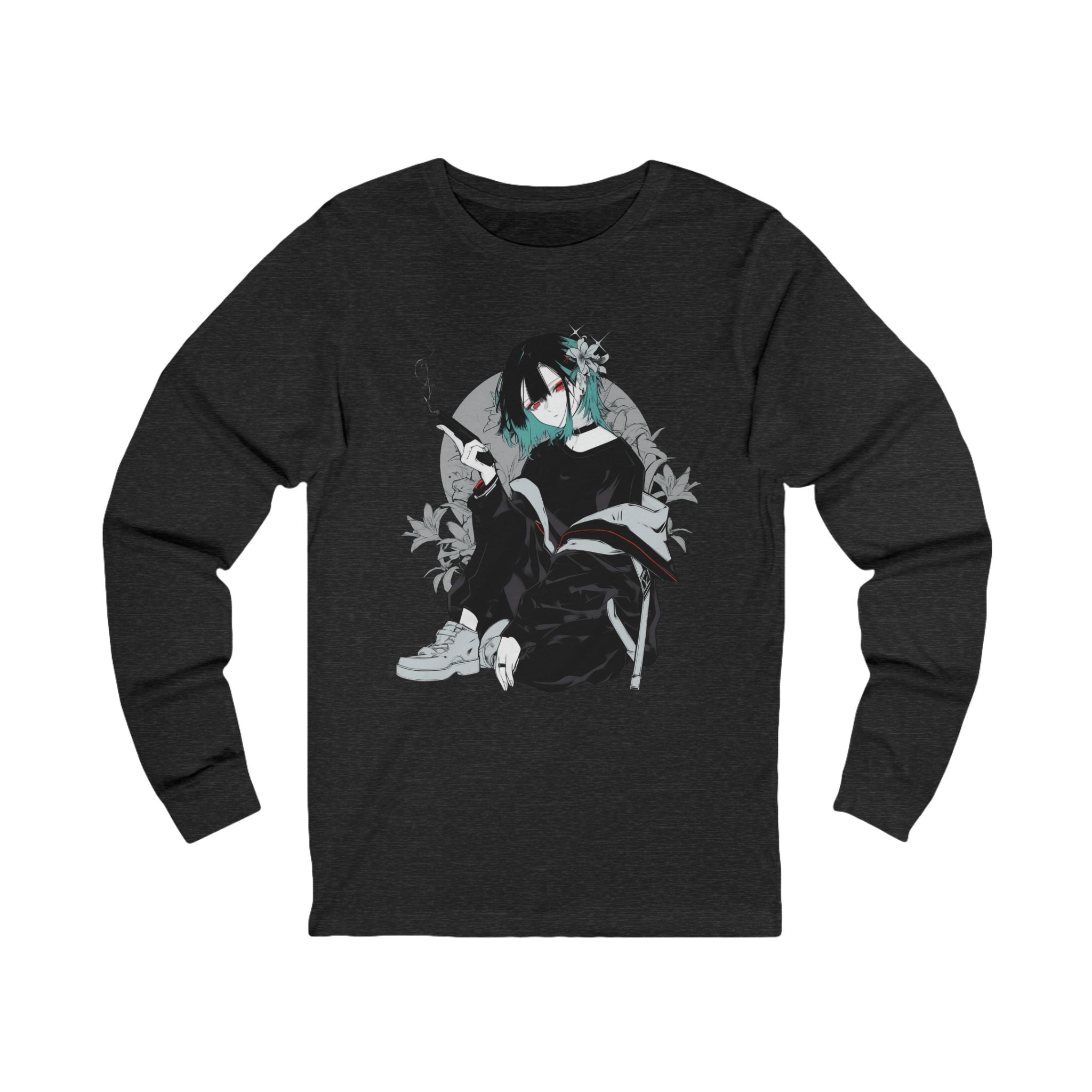 Crimson Silence Smoke Lily anime long sleeve shirt with assassin girl, smoking handgun, teal hair streaks, and lily background