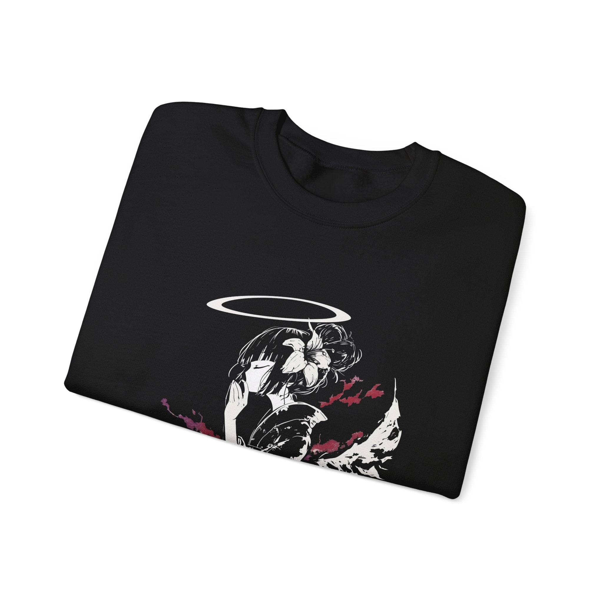 Celestial Oni Silent Bloom anime sweatshirt featuring haloed girl in kimono surrounded by lilies and smoke