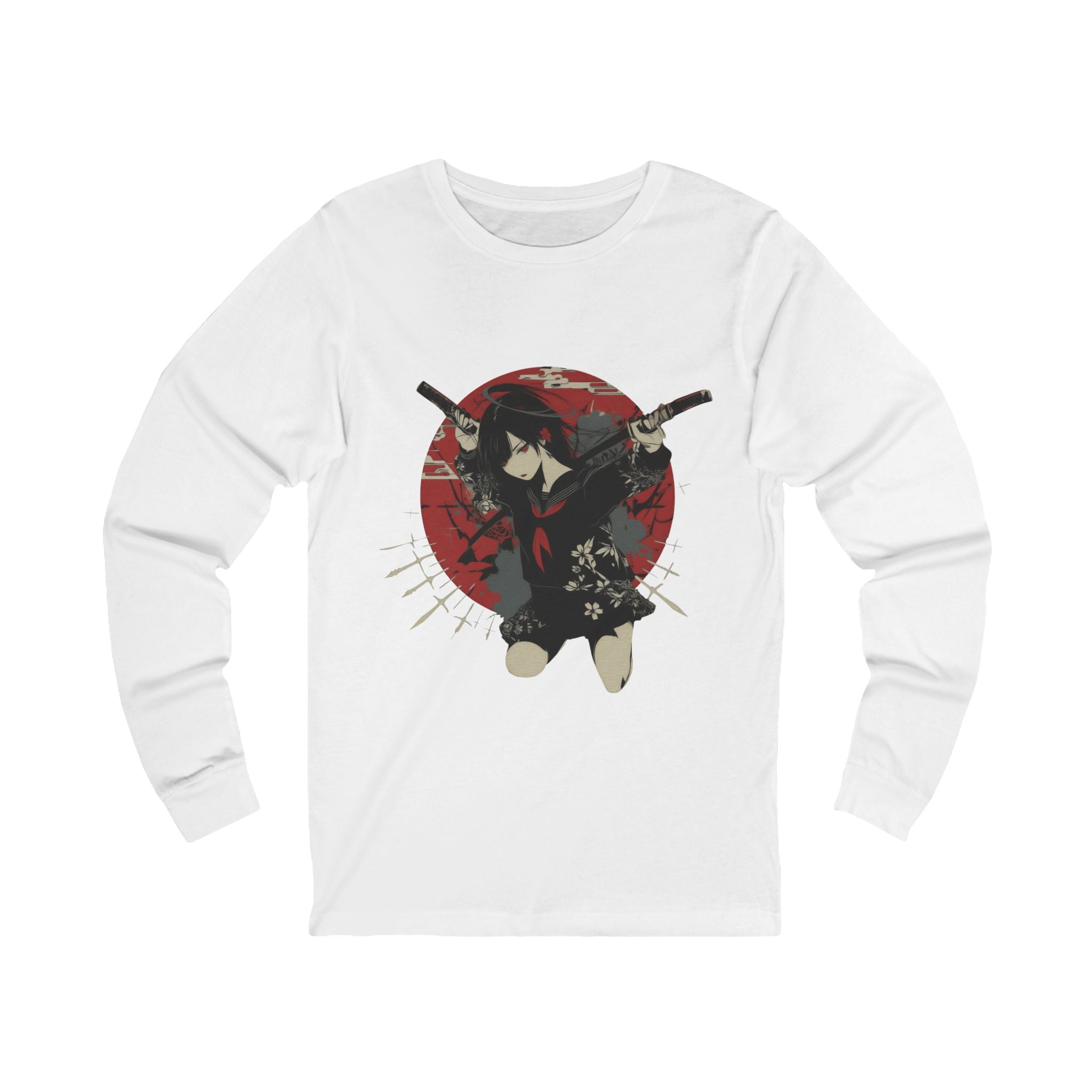Crimson Silence Blade of Vengeance anime long sleeve shirt with dual katana girl, halo, and red Japanese circle backdrop