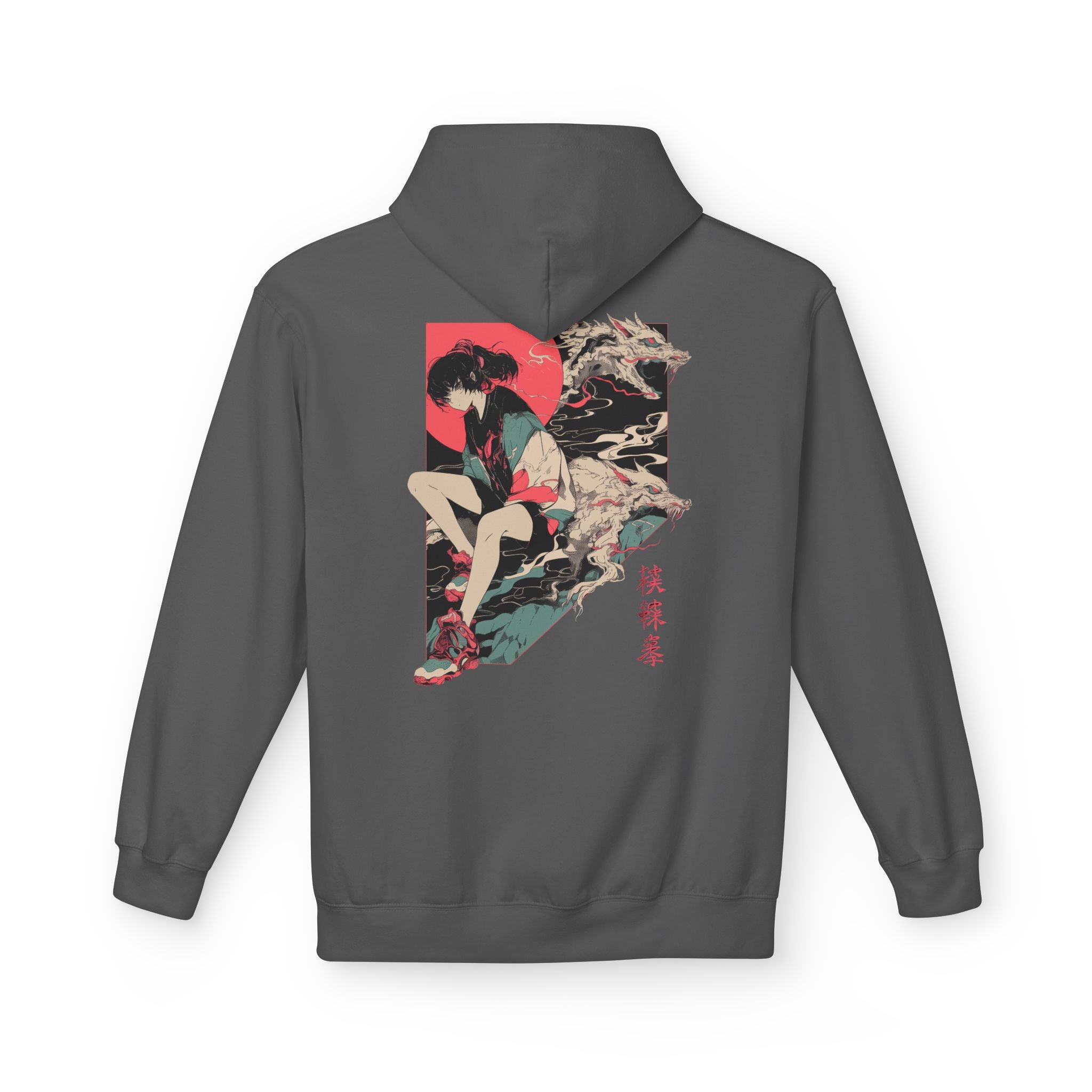 Neon Oni Dragon’s Echo anime hoodie featuring girl in oversized jacket with sneakers, dragon spirits, and neon red sun