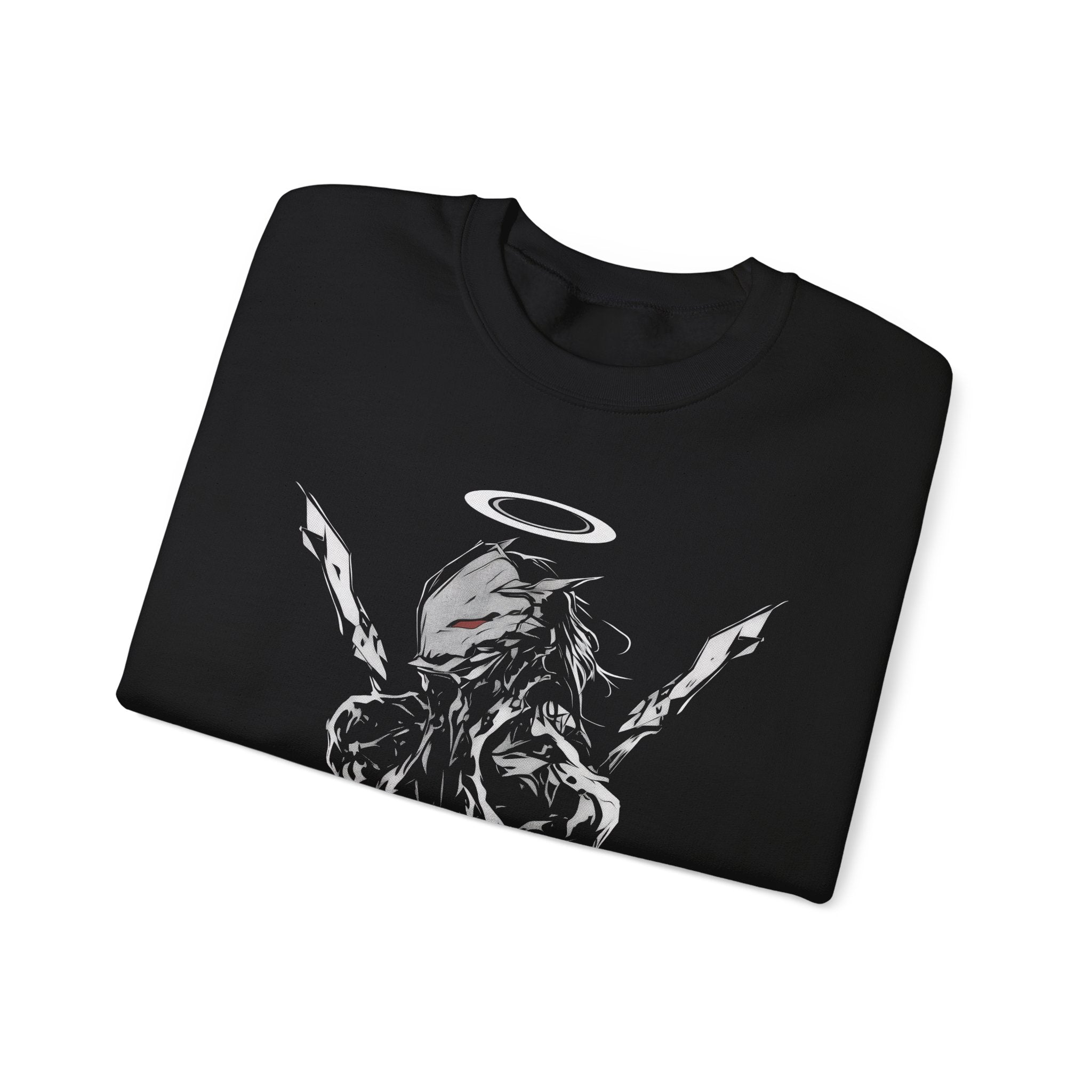 Voidborn Guardian dark anime sweatshirt with red-eyed mecha angel