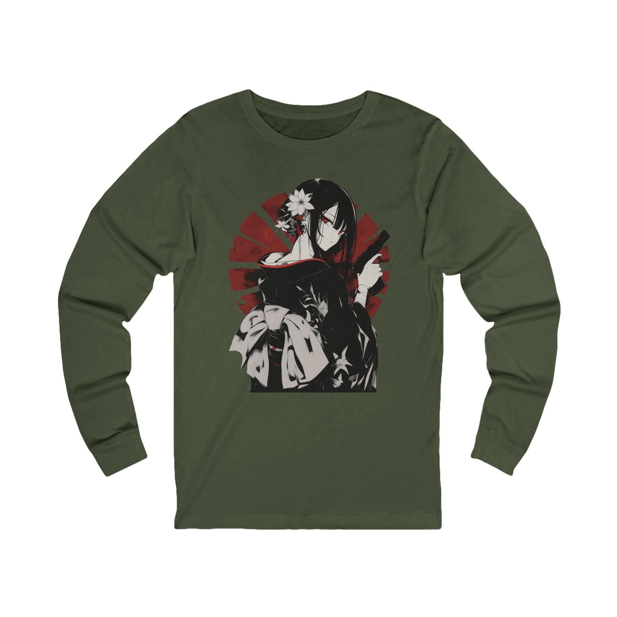 Long sleeve anime tee with kimono assassin girl and red sun Japanese design.