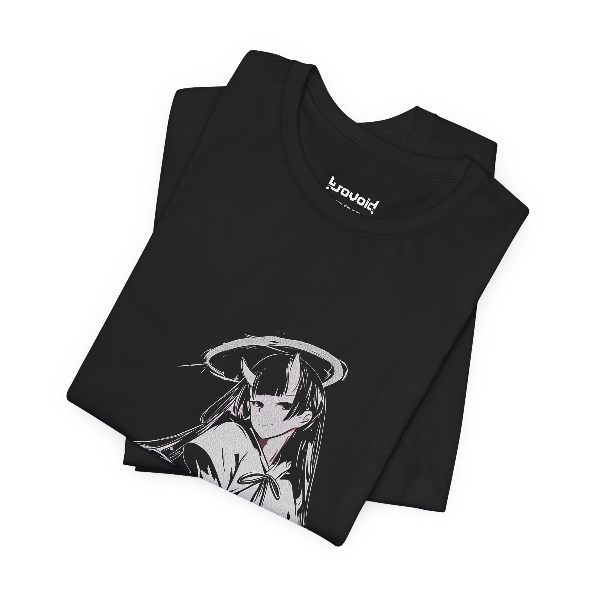 Celestial Oni anime design featuring horned girl with halo in robes on T-shirt