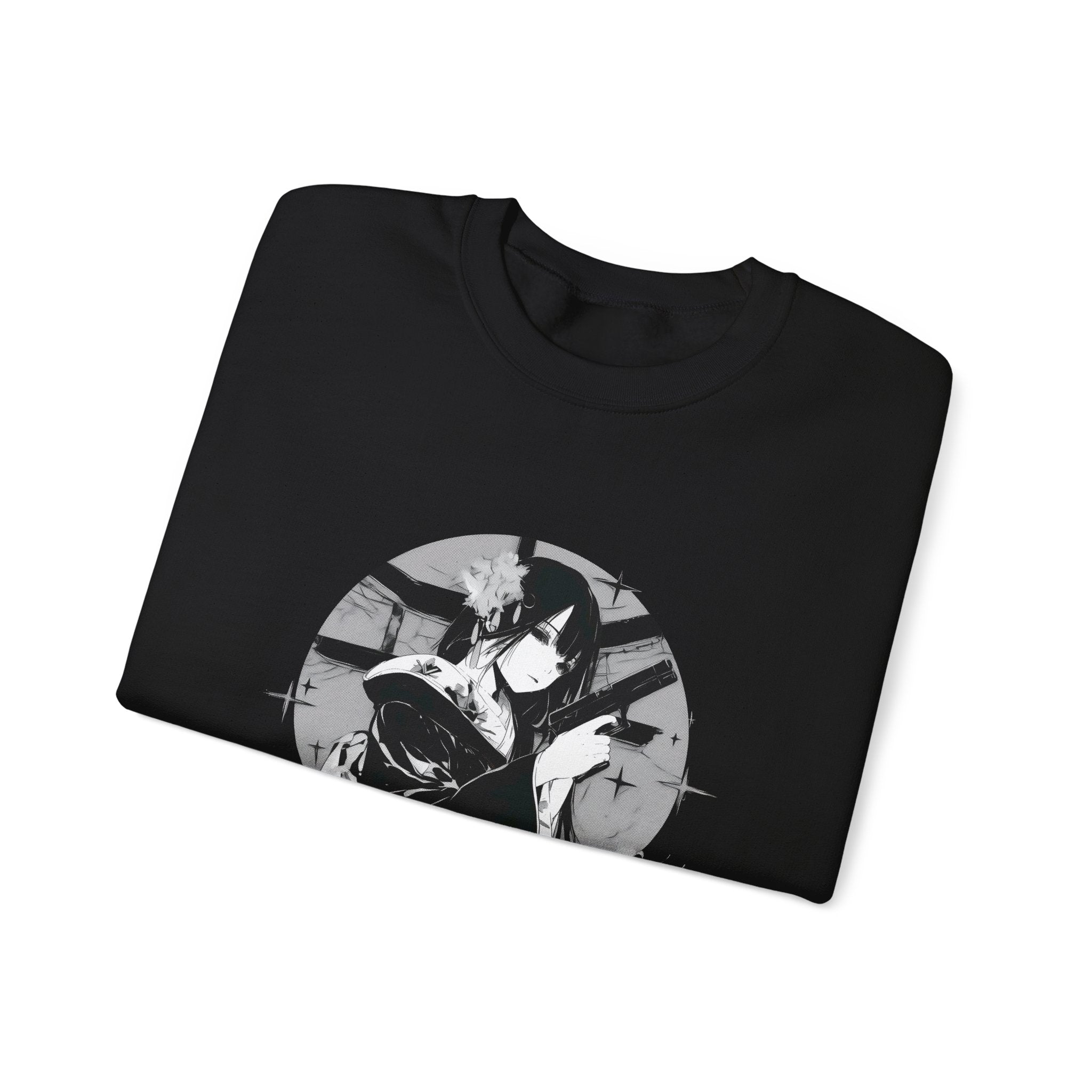 Crimson Silence Black Dahlia anime sweatshirt featuring assassin woman in kimono, lilies, and handgun motif