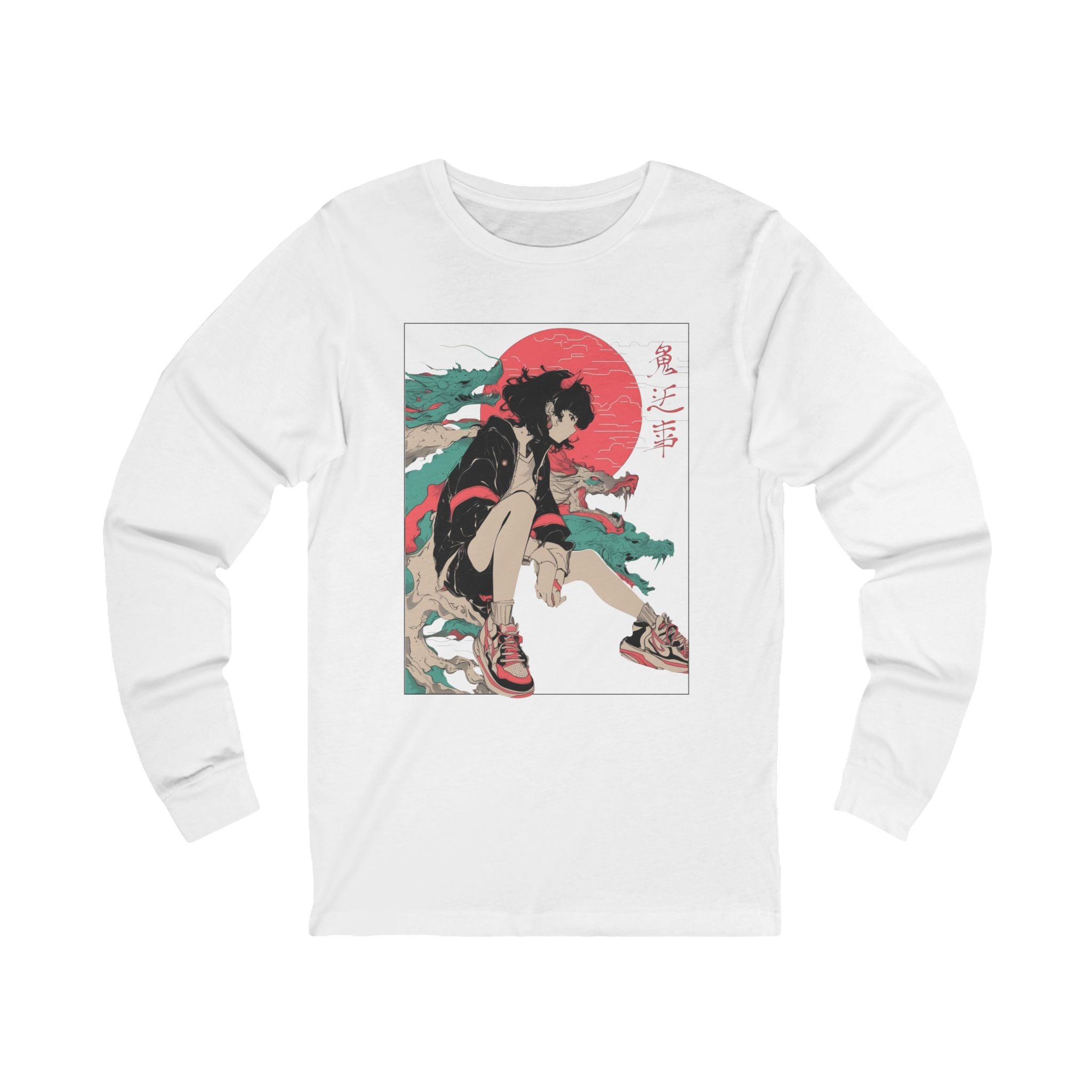 Neon Oni Street Spirit anime long sleeve shirt featuring horned girl in sneakers, neon sun, and dragon smoke artwork