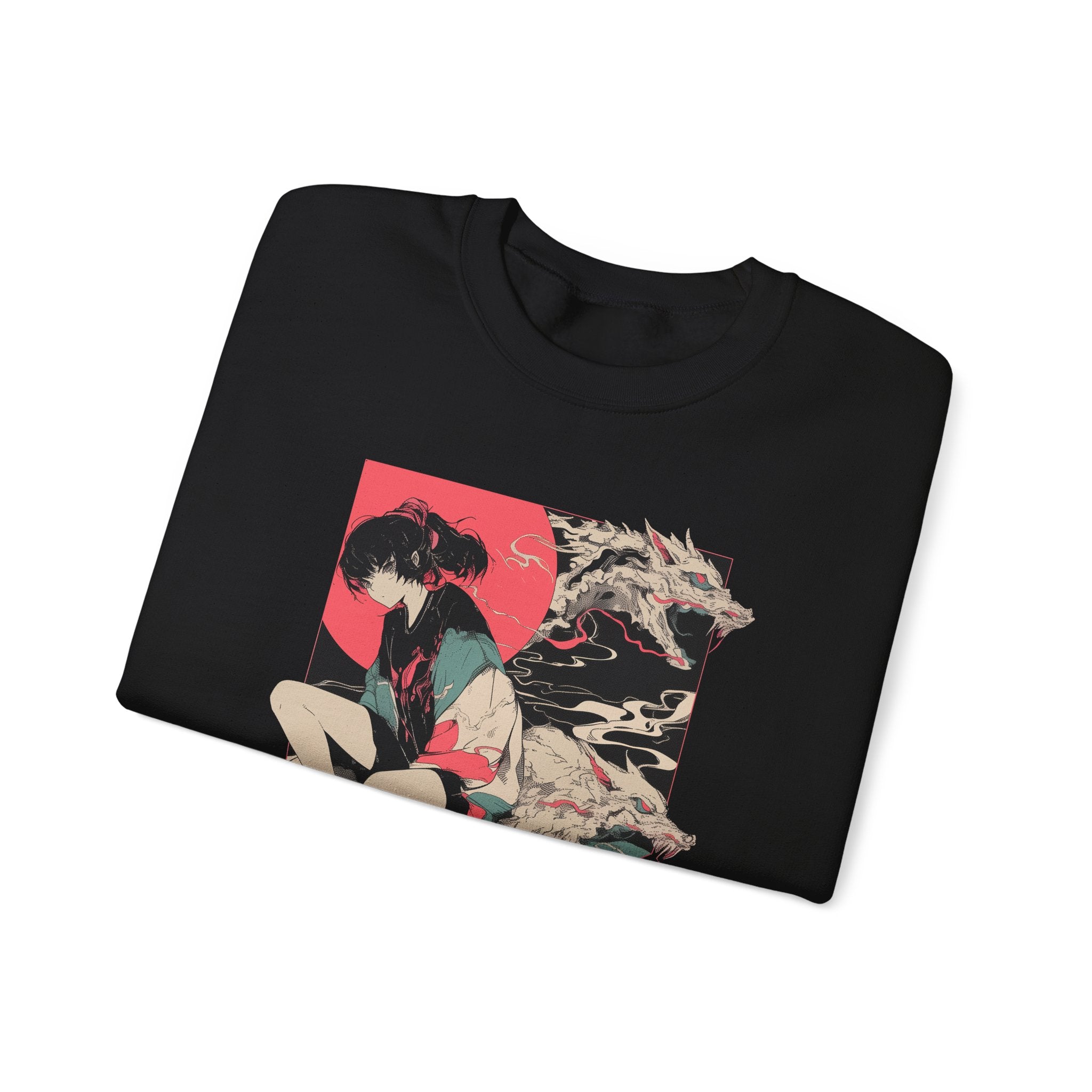 Neon Oni Dragon’s Echo anime sweatshirt with casual girl and dragon spirits, neon red sun background