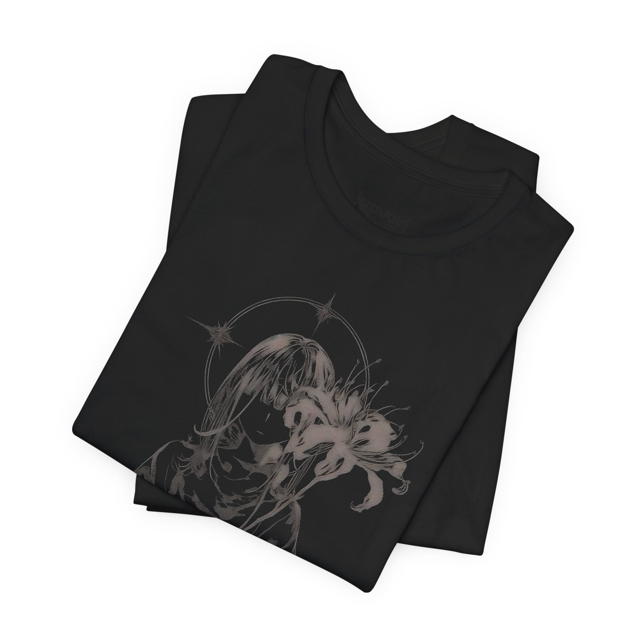 Anime-inspired gothic T-shirt design with cloaked figure and large lily flower.