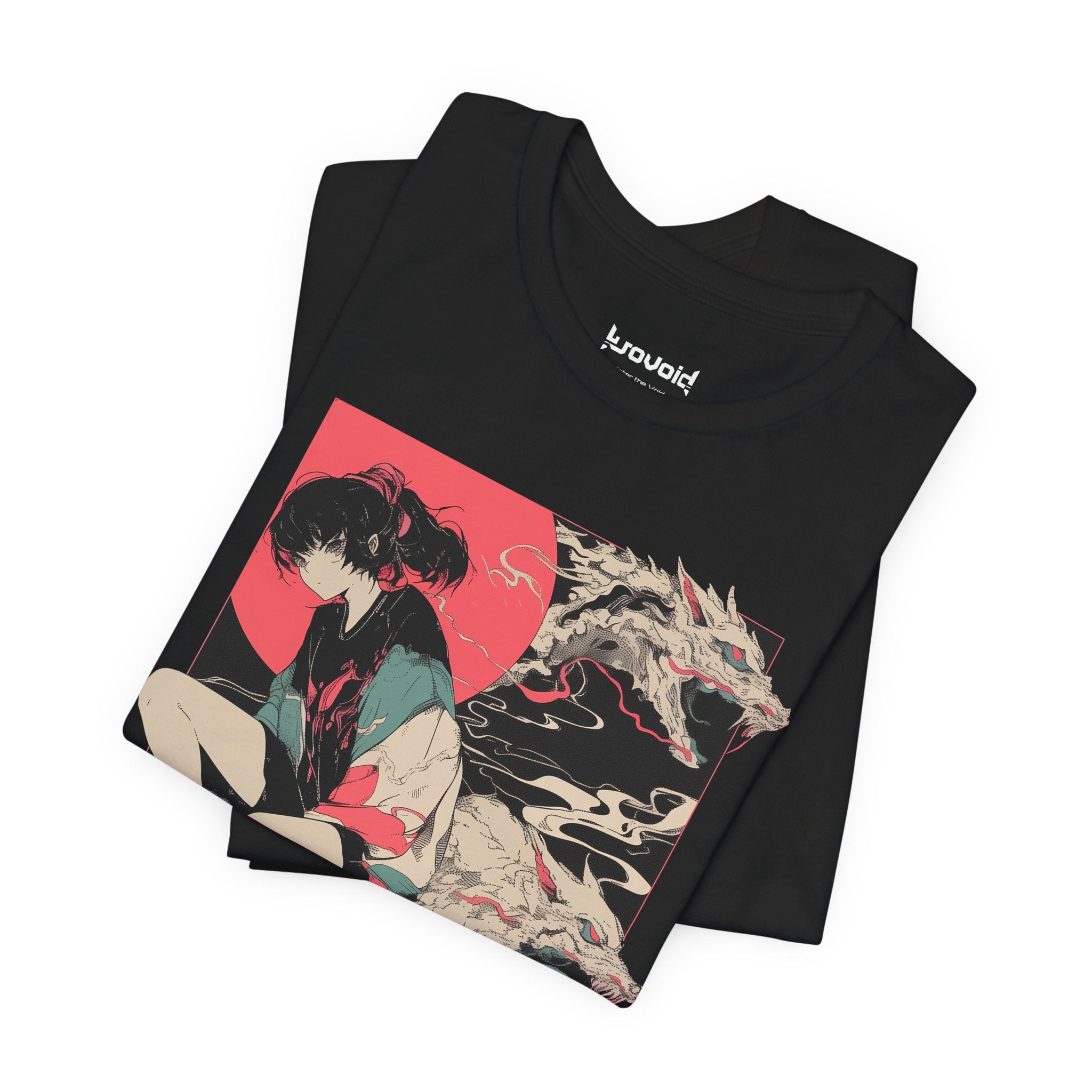 Neon Oni Dragon’s Echo anime T-shirt with modern girl in sneakers, twin dragon spirits, and red sun backdrop