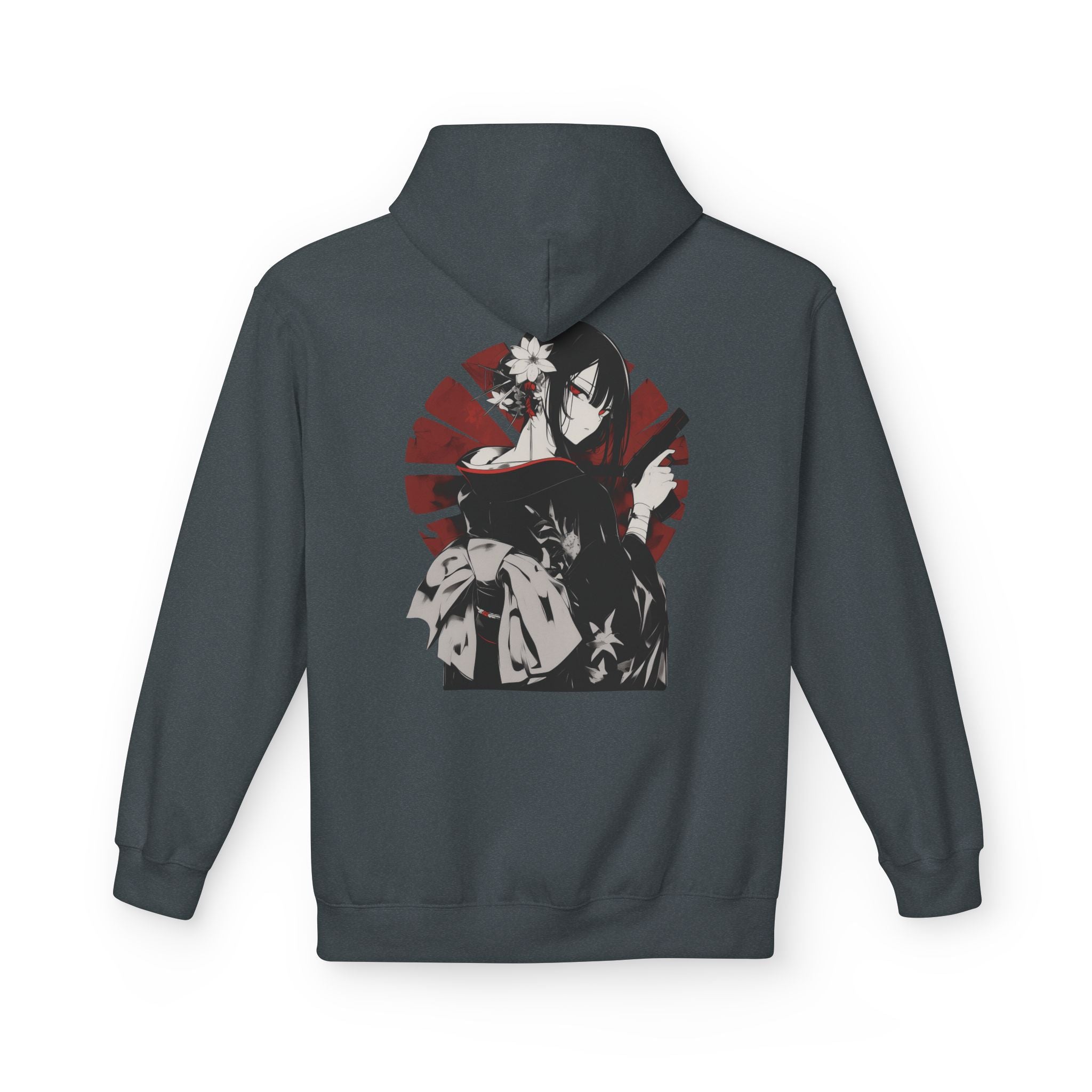 Anime streetwear hoodie with kimono assassin design, red and black Japanese graphic.