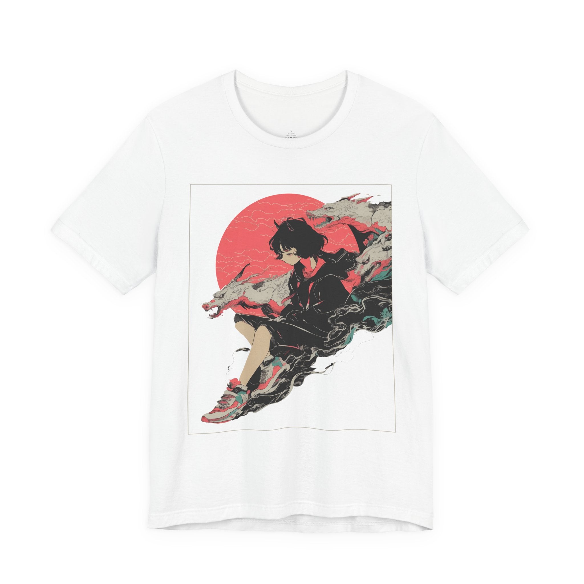 Neon Oni Moon’s Veil anime T-shirt featuring horned girl in streetwear with dragon spirits and neon red moon