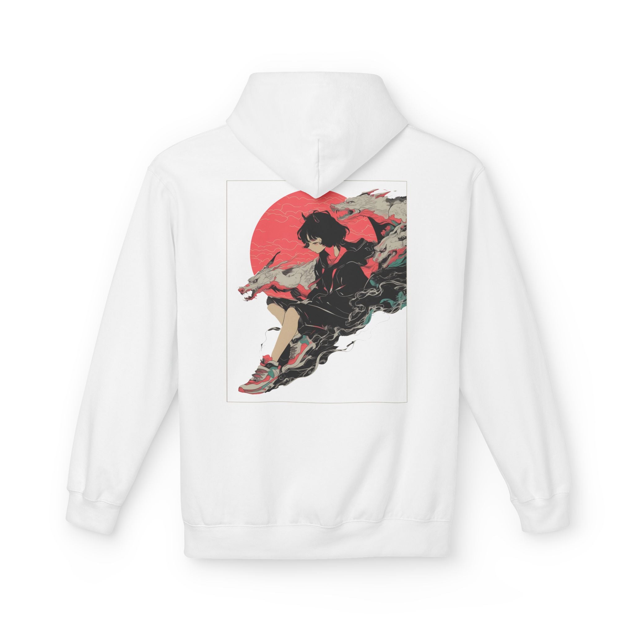 Neon Oni Moon’s Veil anime hoodie with horned girl in black outfit, dragon spirits, and neon red moon