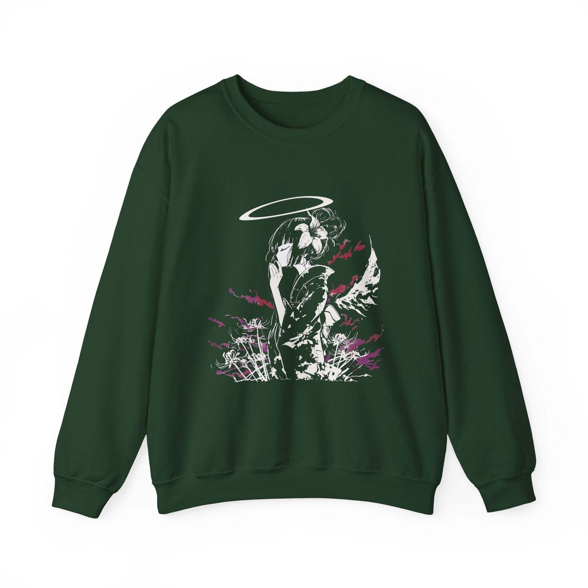 Celestial Oni Silent Bloom anime sweatshirt featuring haloed girl in kimono surrounded by lilies and smoke