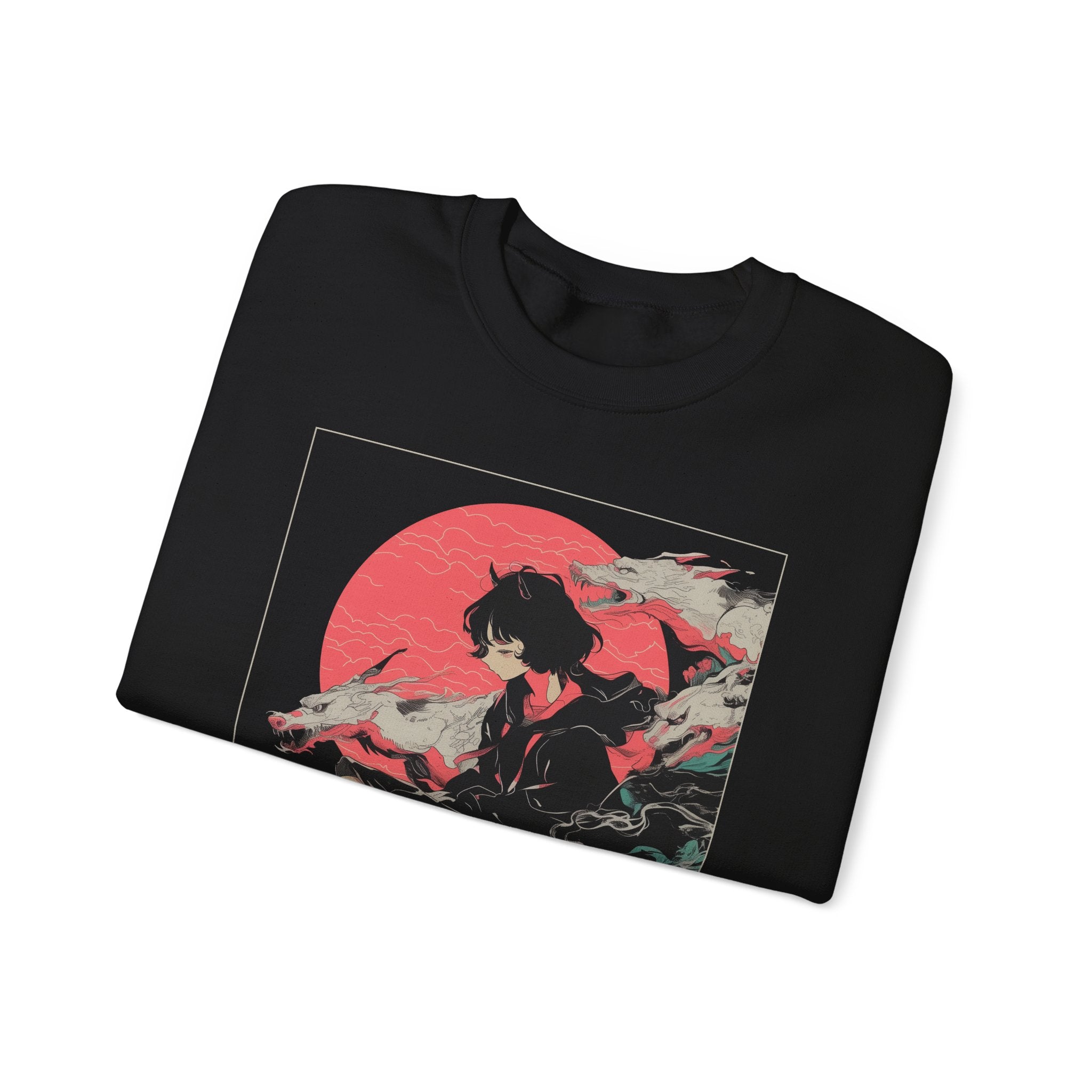 Neon Oni Moon’s Veil anime sweatshirt featuring horned girl in streetwear, dragon spirits, and neon moon