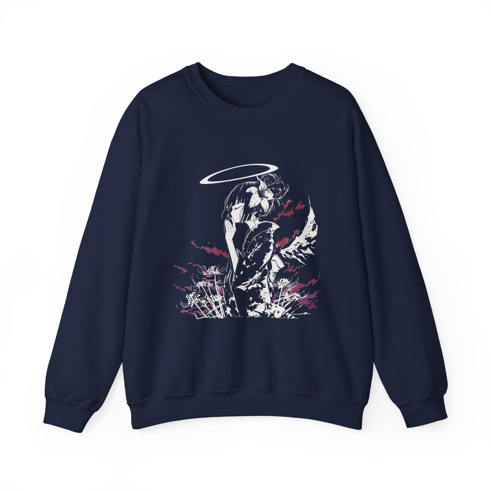 Celestial Oni Silent Bloom anime sweatshirt featuring haloed girl in kimono surrounded by lilies and smoke