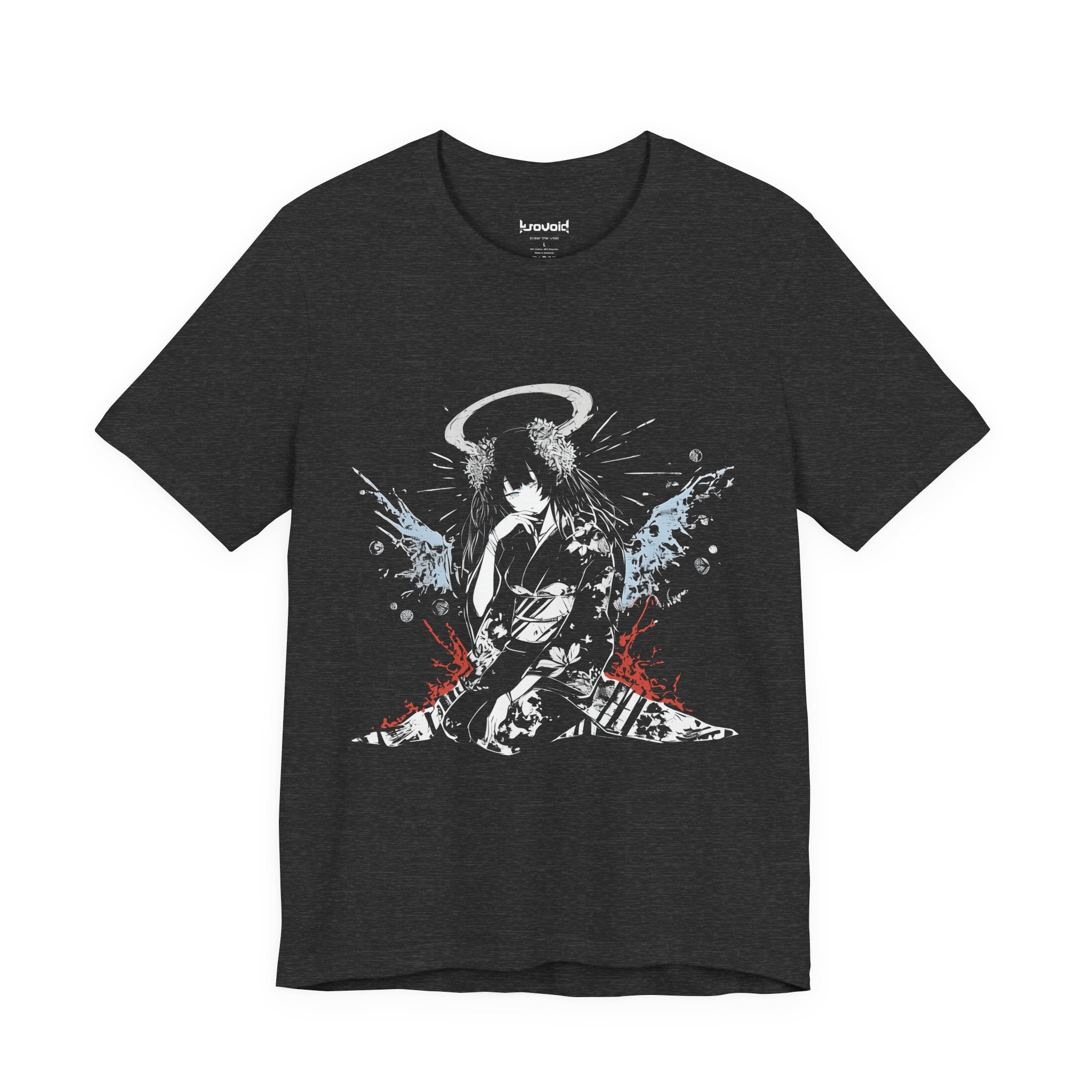 Celestial Oni Blood & Bloom anime T-shirt featuring horned girl in kimono with red and blue abstract splashes