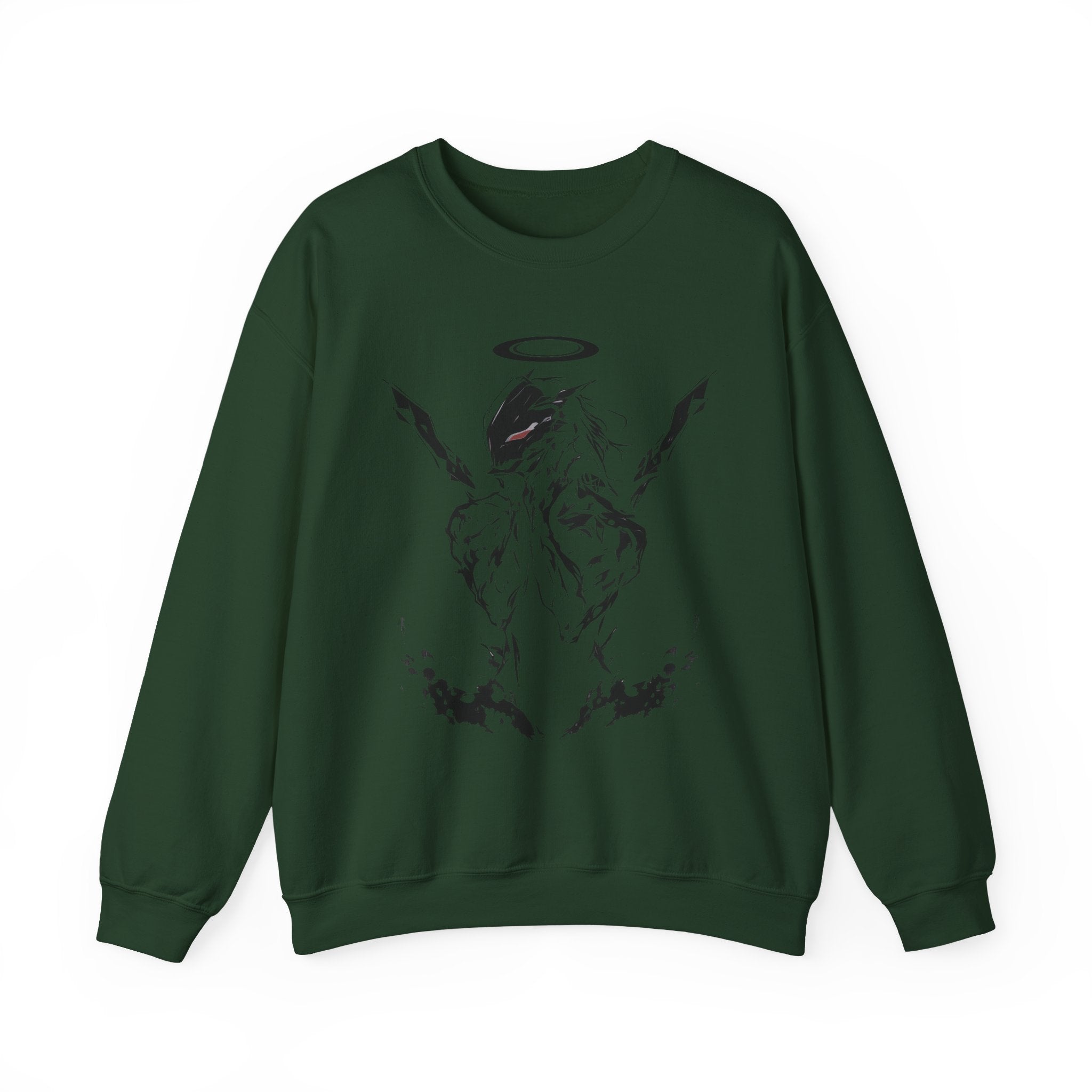 Voidborn Guardian dark anime sweatshirt with red-eyed mecha angel