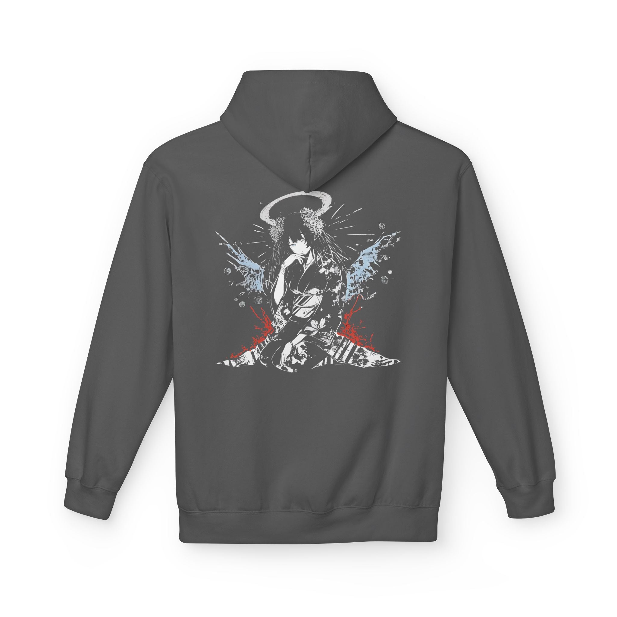Celestial Oni Blood & Bloom anime hoodie with horned girl in kimono, halo and horns, detailed red and blue artwork