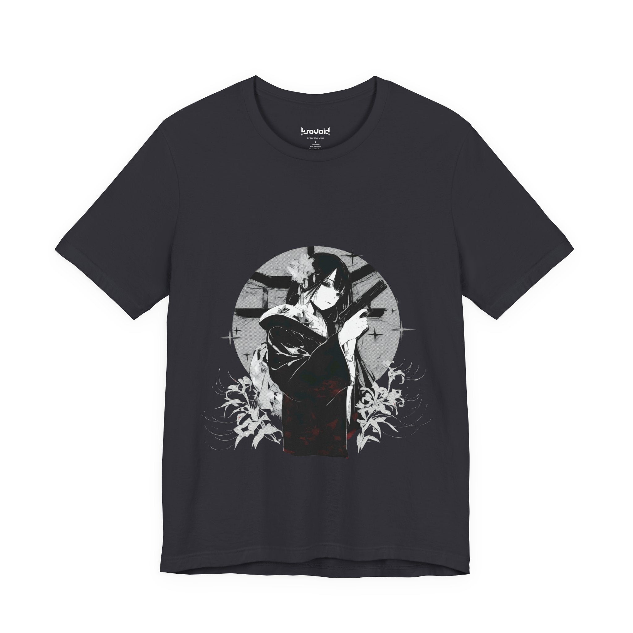 Crimson Silence Black Dahlia anime T-shirt featuring woman in black kimono with handgun and white lilies