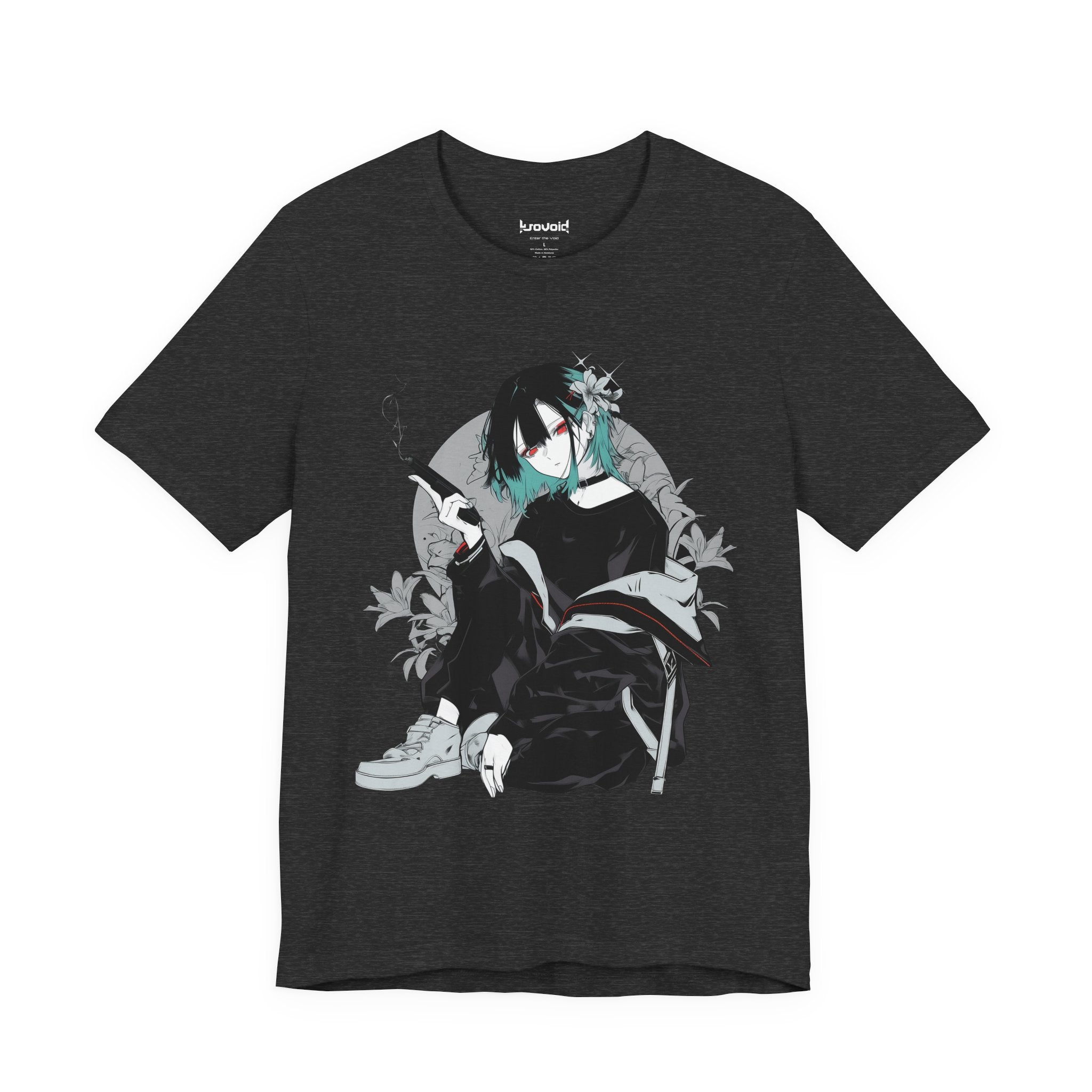 Crimson Silence Smoke Lily anime T-shirt featuring modern assassin girl in streetwear holding smoking handgun with lilies