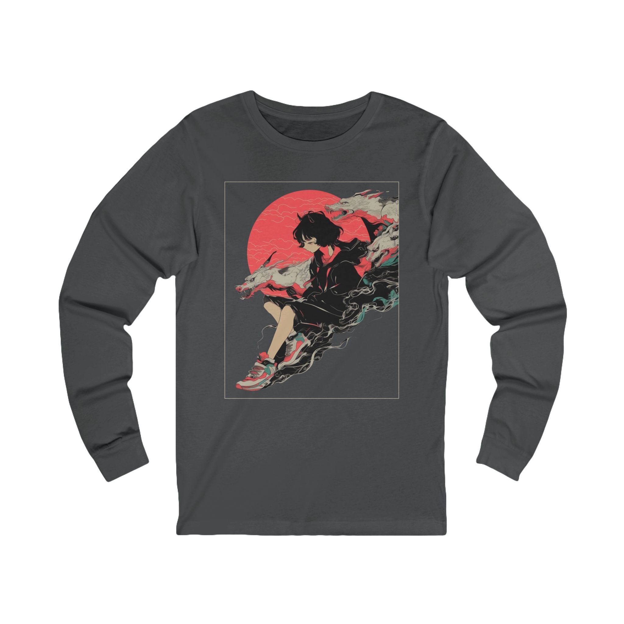Neon Oni Moon’s Veil anime long sleeve shirt with horned girl and dragon spirits against neon red moon