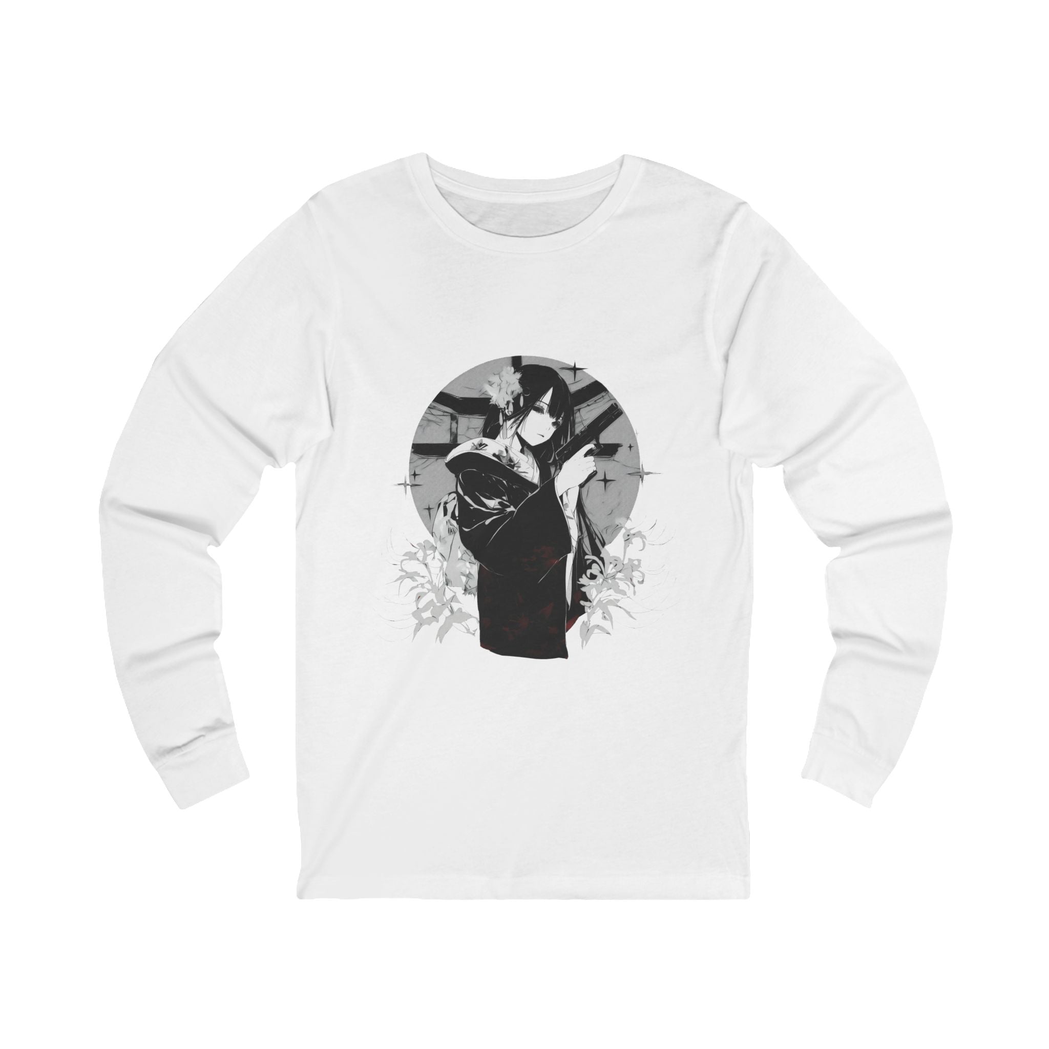 Crimson Silence Black Dahlia anime long sleeve shirt with woman in black kimono, handgun, lilies and circular backdrop