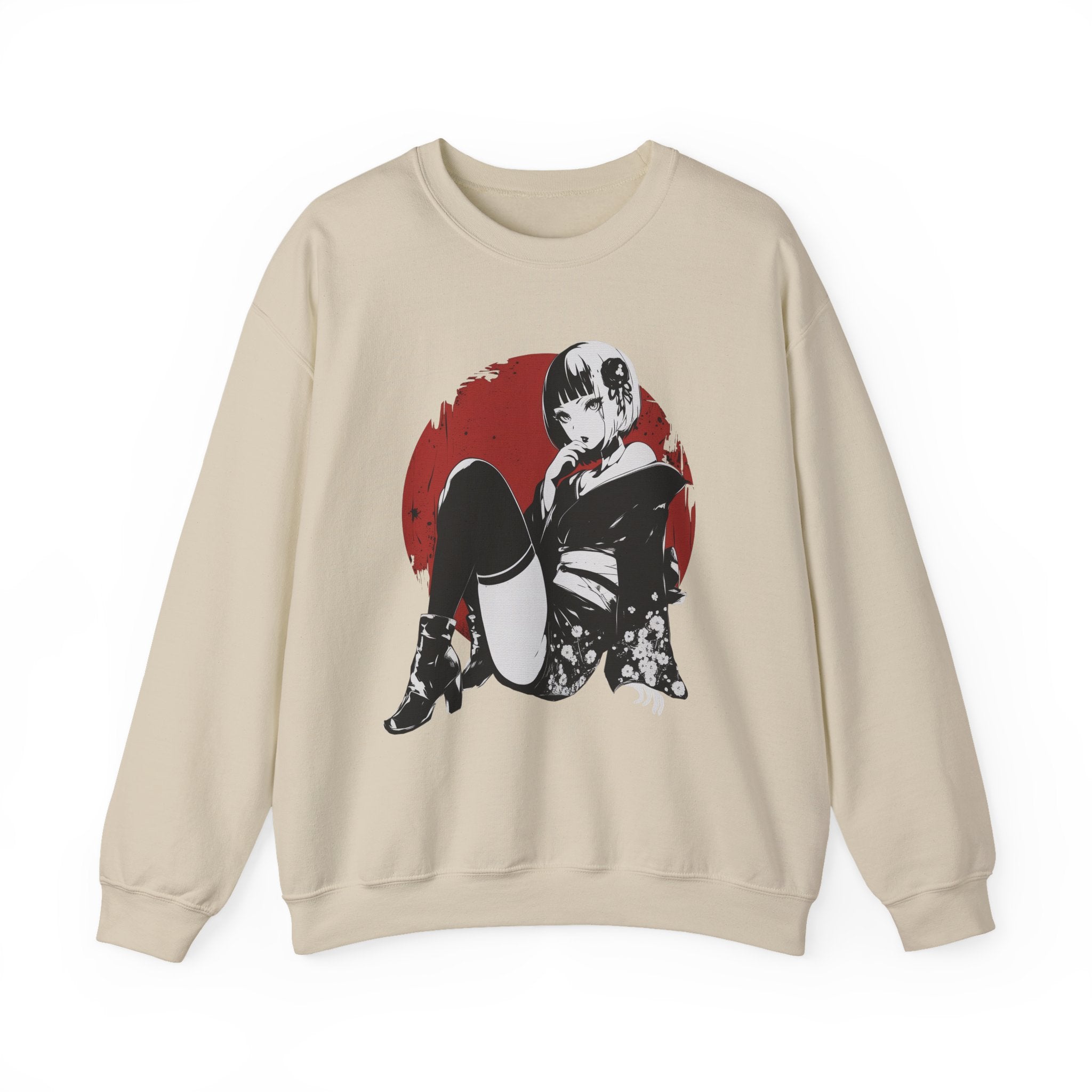 Crimson Silence Scarlet Veil anime sweatshirt featuring seductive kimono girl with red circle backdrop and floral motifs