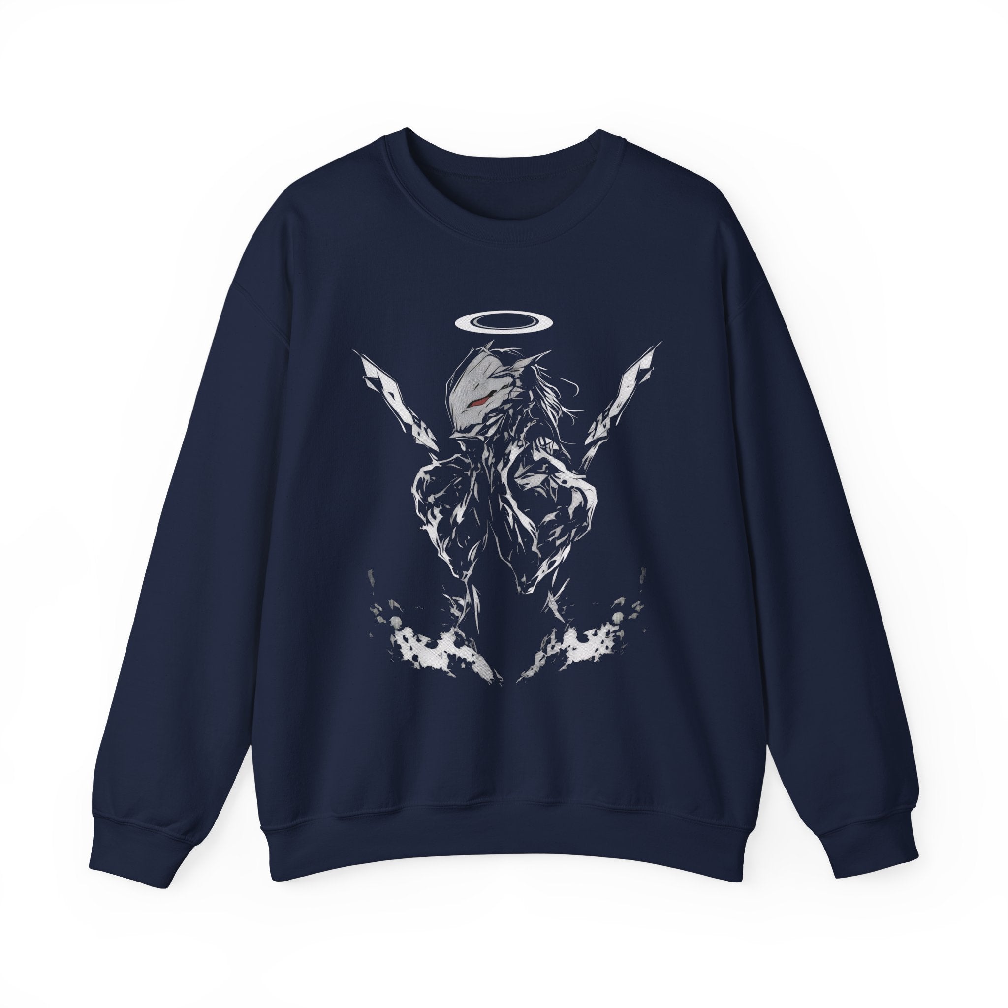 Voidborn Guardian dark anime sweatshirt with red-eyed mecha angel