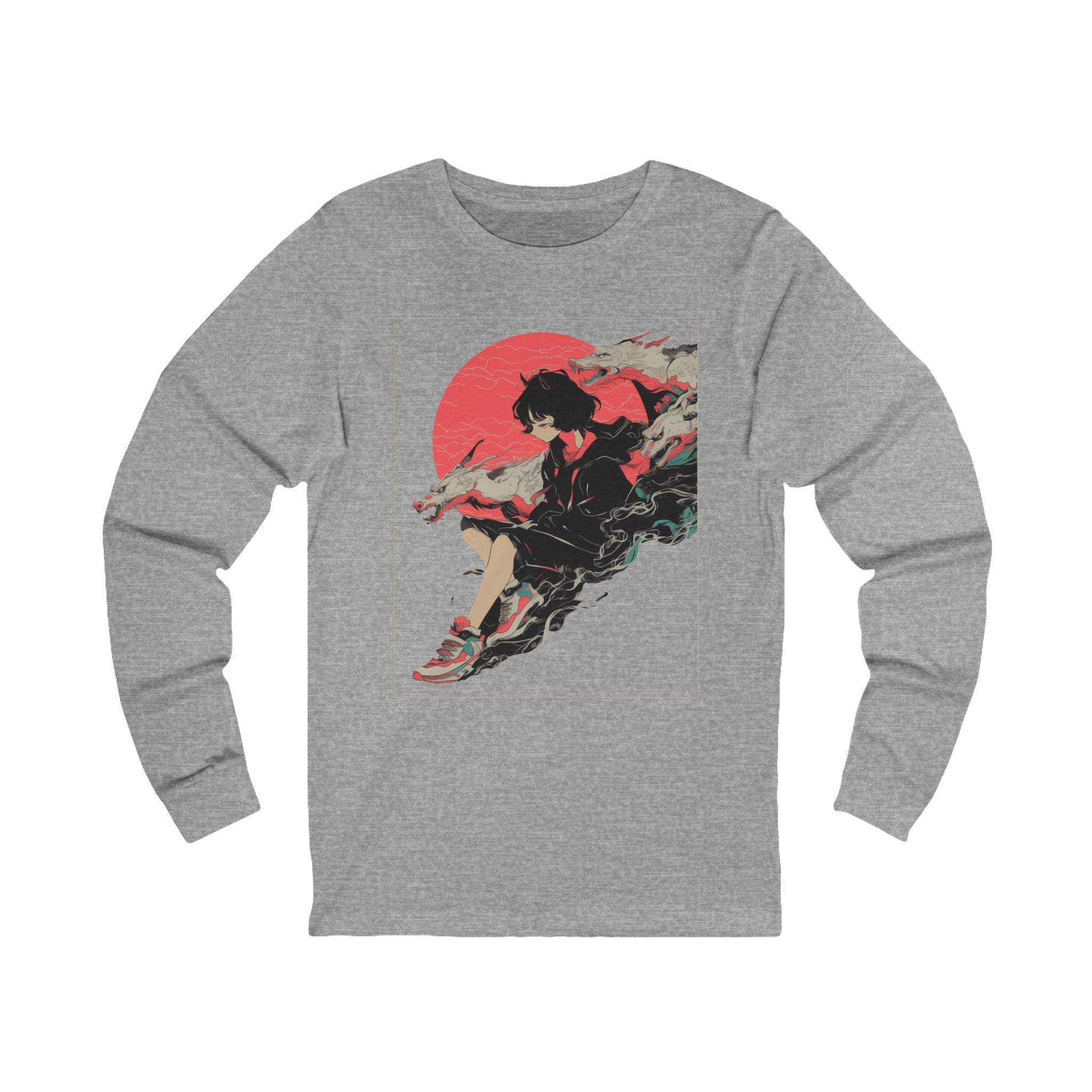 Neon Oni Moon’s Veil anime long sleeve shirt with horned girl and dragon spirits against neon red moon