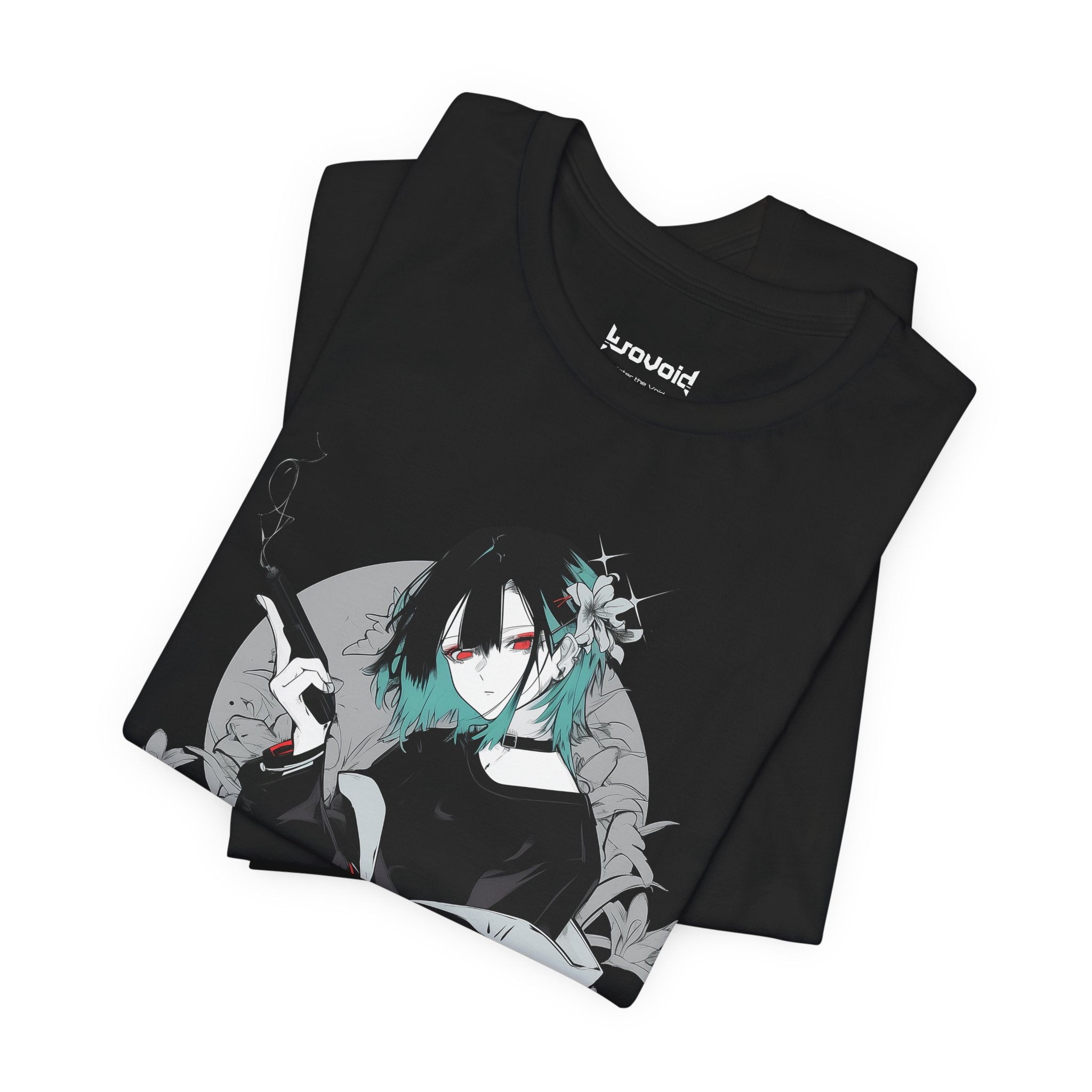 Crimson Silence Smoke Lily anime T-shirt featuring modern assassin girl in streetwear holding smoking handgun with lilies