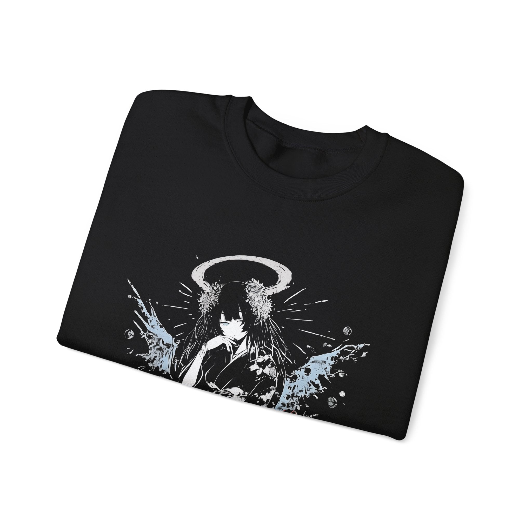 Celestial Oni Blood & Bloom anime sweatshirt featuring horned girl in floral kimono with halo and dramatic splashes