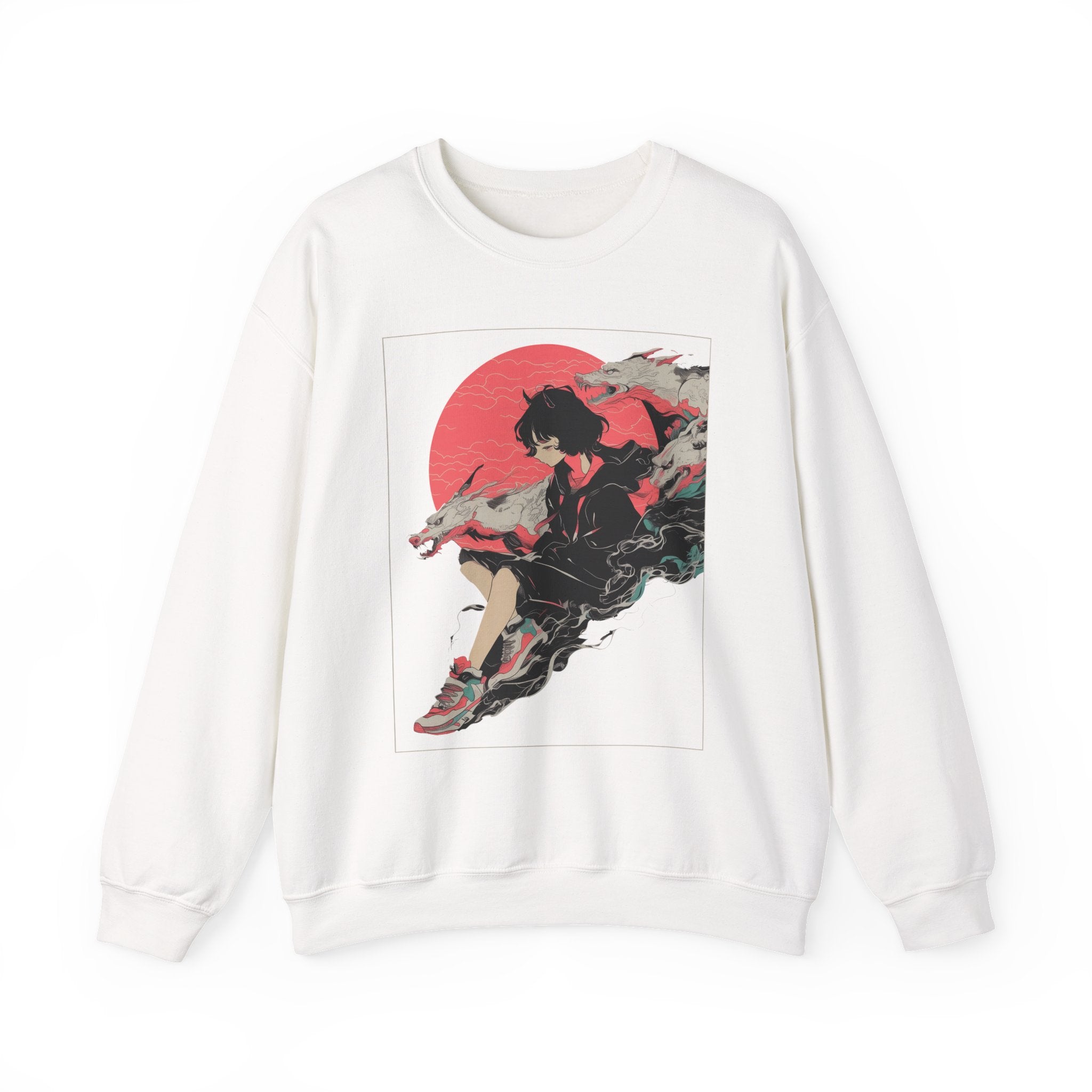 Neon Oni Moon’s Veil anime sweatshirt featuring horned girl in streetwear, dragon spirits, and neon moon