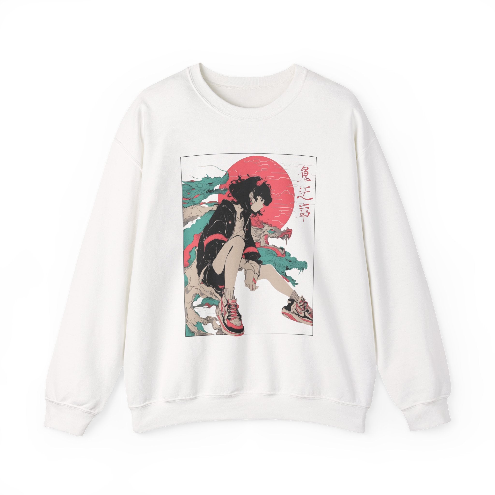 Neon Oni Street Spirit anime sweatshirt with horned girl, sneakers, neon sun, and dragon smoke design