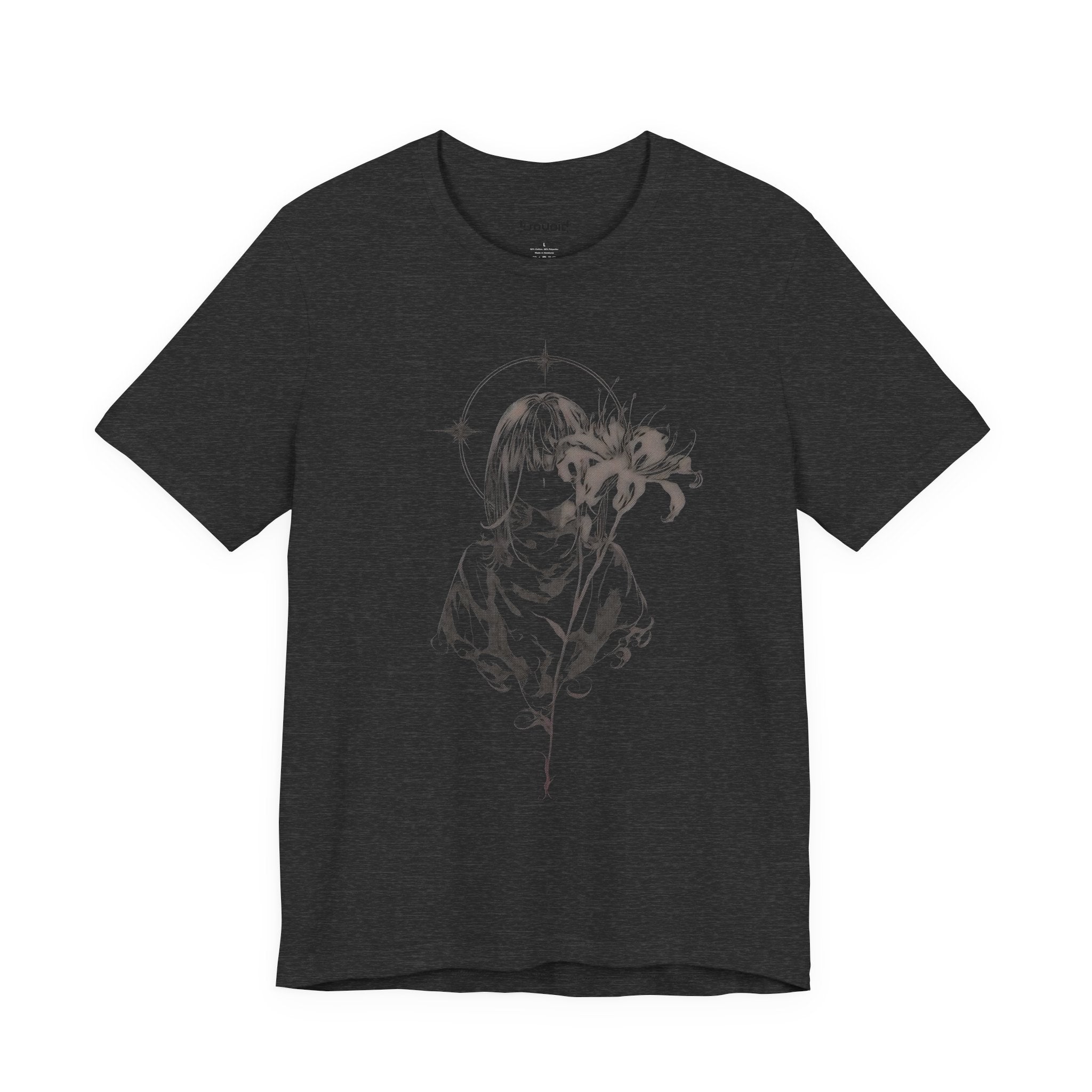 Anime-inspired gothic T-shirt design with cloaked figure and large lily flower.