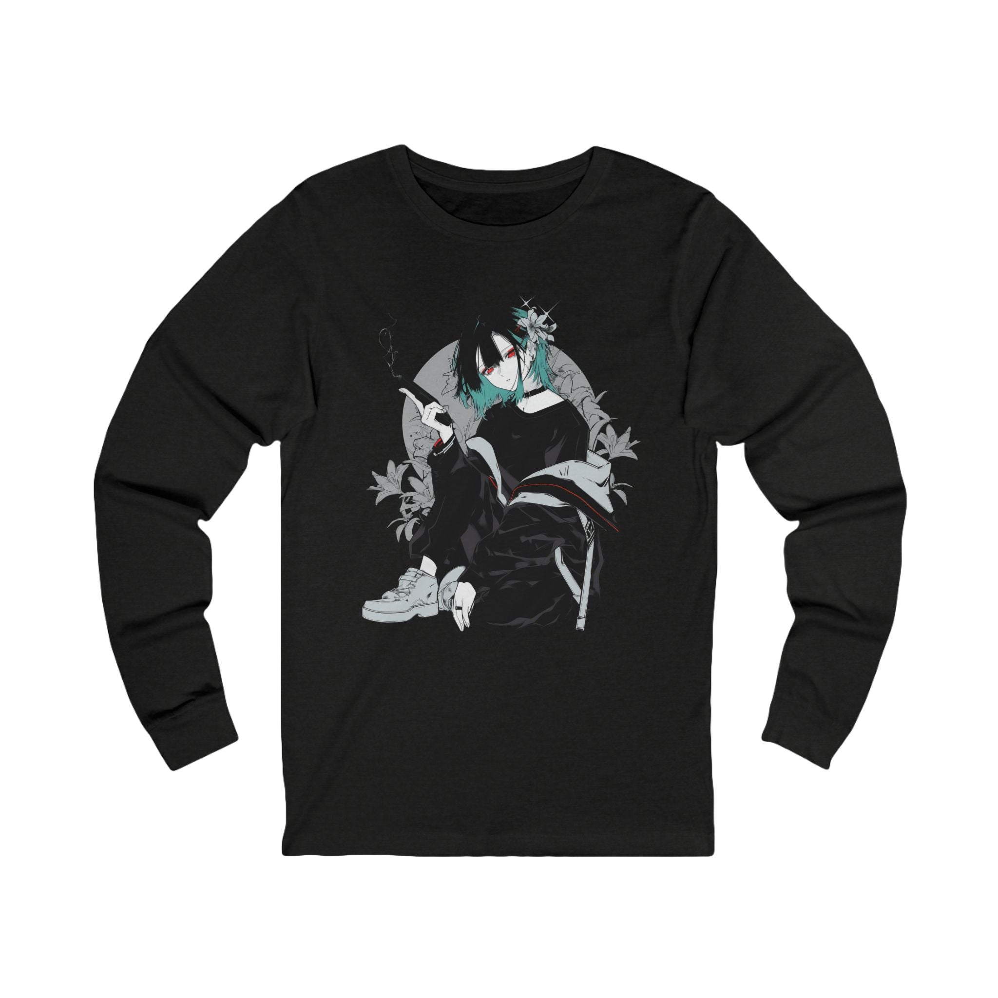 Crimson Silence Smoke Lily anime long sleeve shirt with assassin girl, smoking handgun, teal hair streaks, and lily background