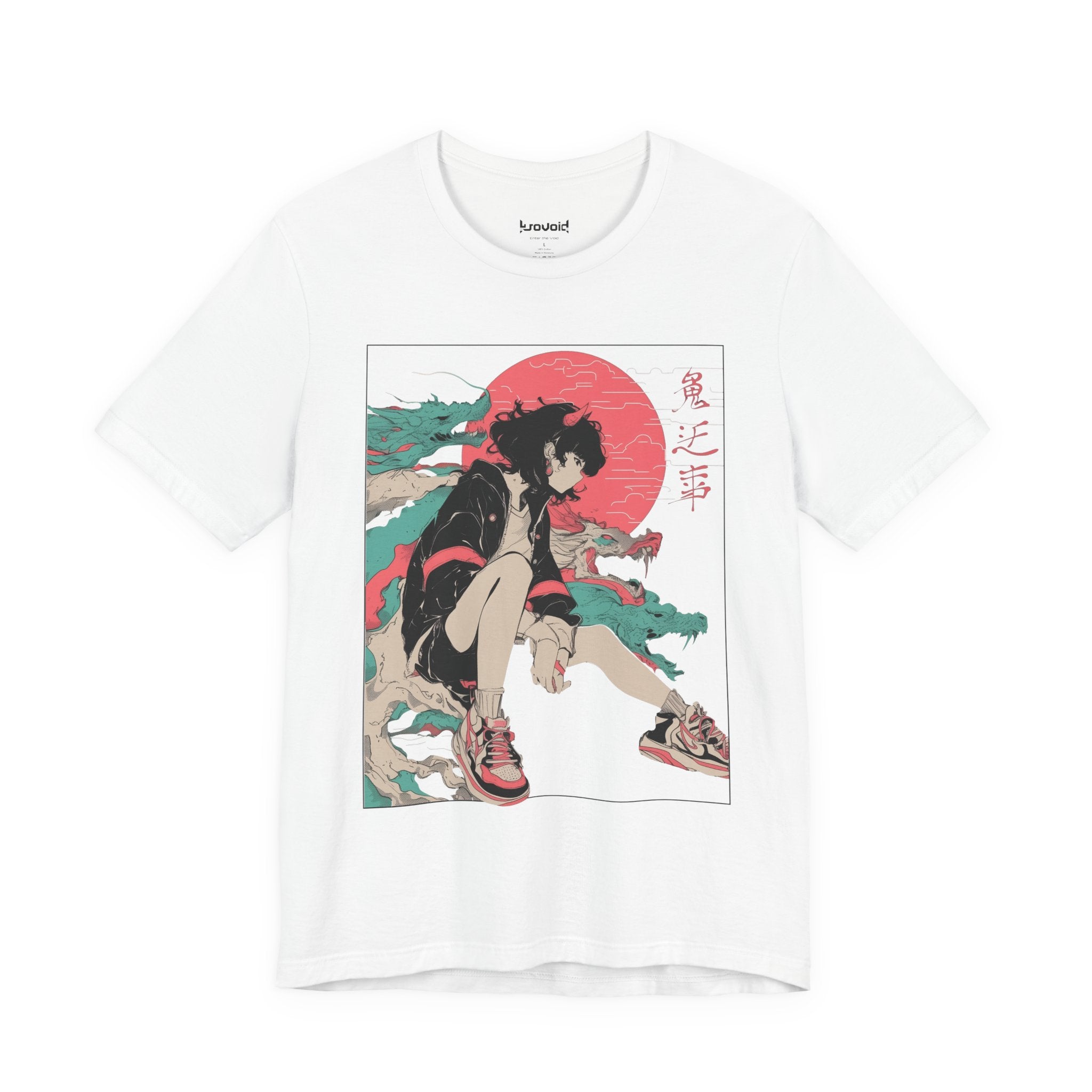 Neon Oni Street Spirit anime T-shirt with horned girl in sneakers, red sun backdrop, and dragon smoke