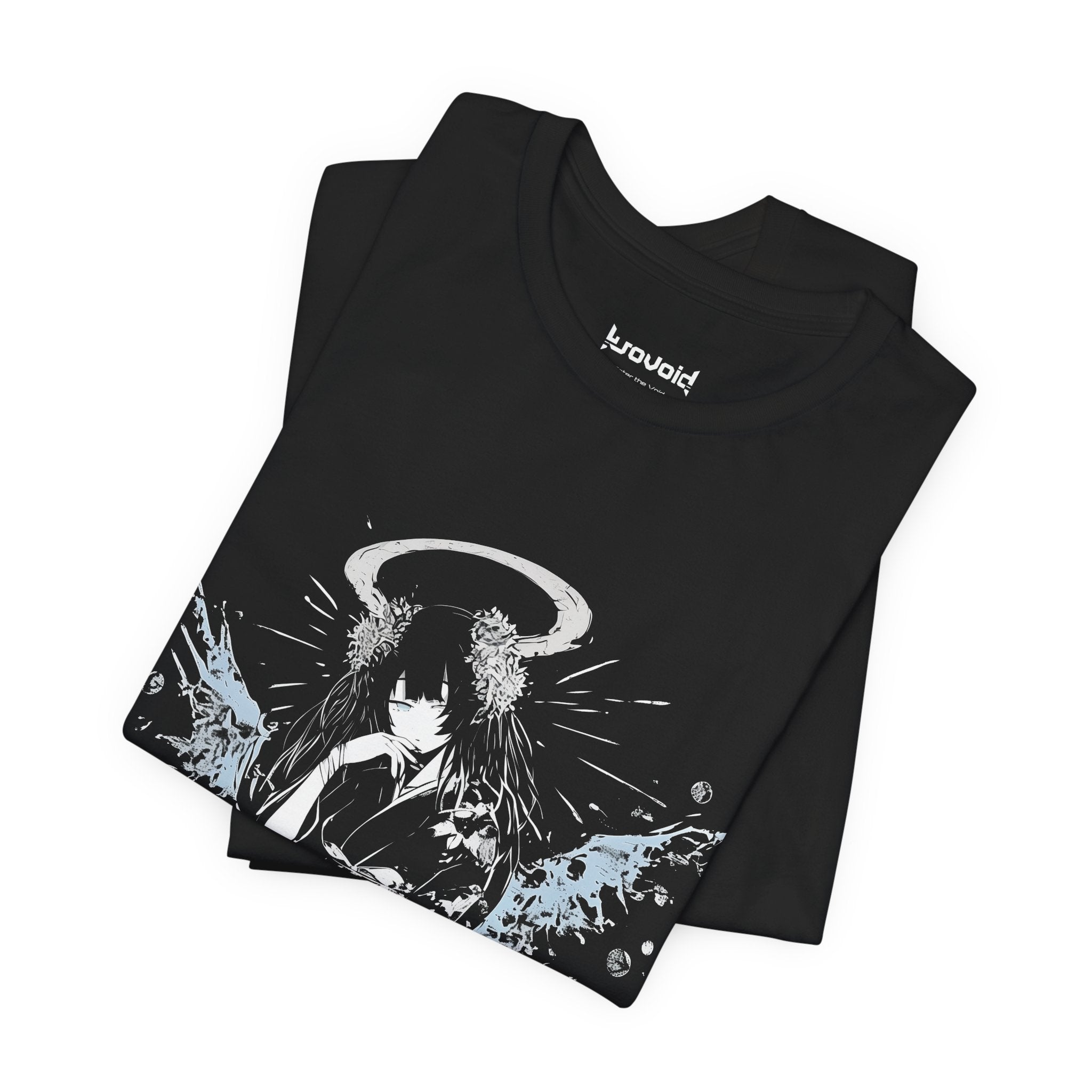 Celestial Oni Blood & Bloom anime T-shirt featuring horned girl in kimono with red and blue abstract splashes