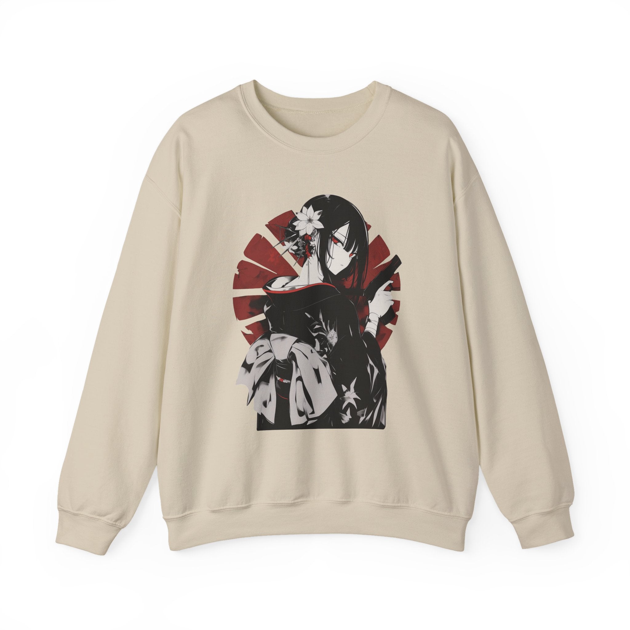 Anime sweatshirt with assassin girl in kimono holding gun, red aesthetic design.