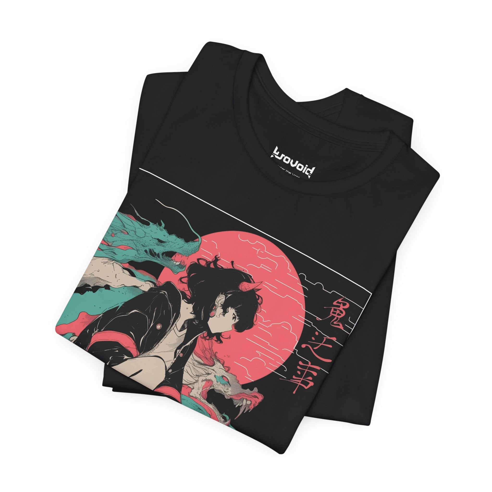 Neon Oni Street Spirit anime T-shirt with horned girl in sneakers, red sun backdrop, and dragon smoke