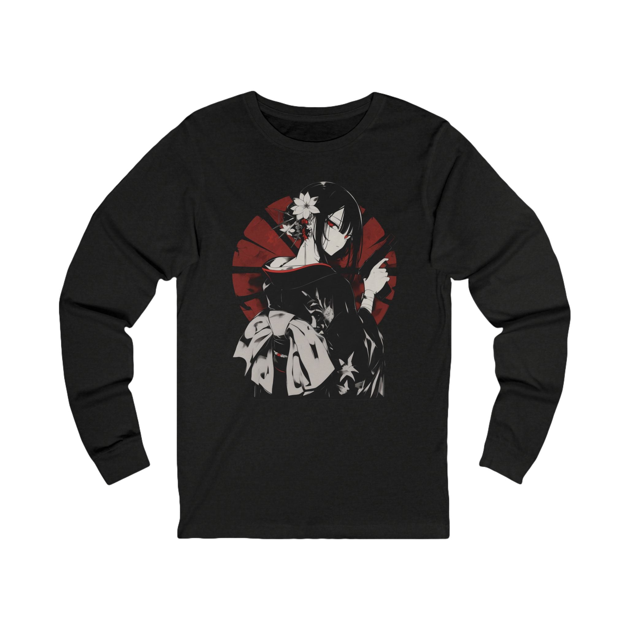 Long sleeve anime tee with kimono assassin girl and red sun Japanese design.