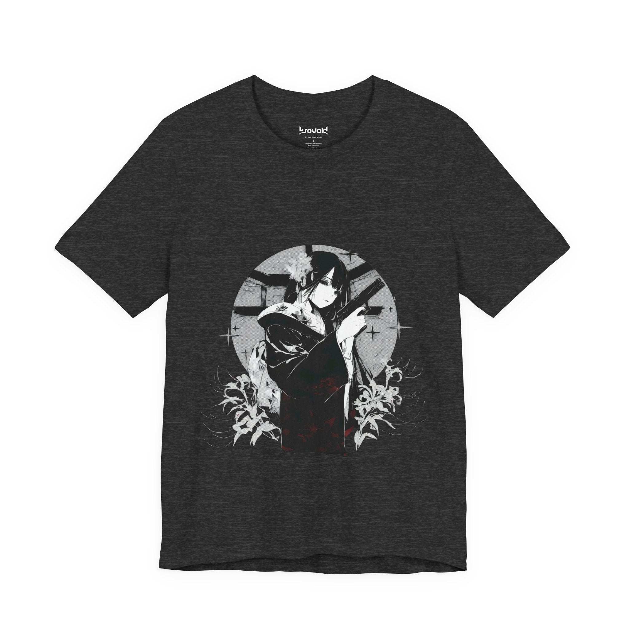 Crimson Silence Black Dahlia anime T-shirt featuring woman in black kimono with handgun and white lilies
