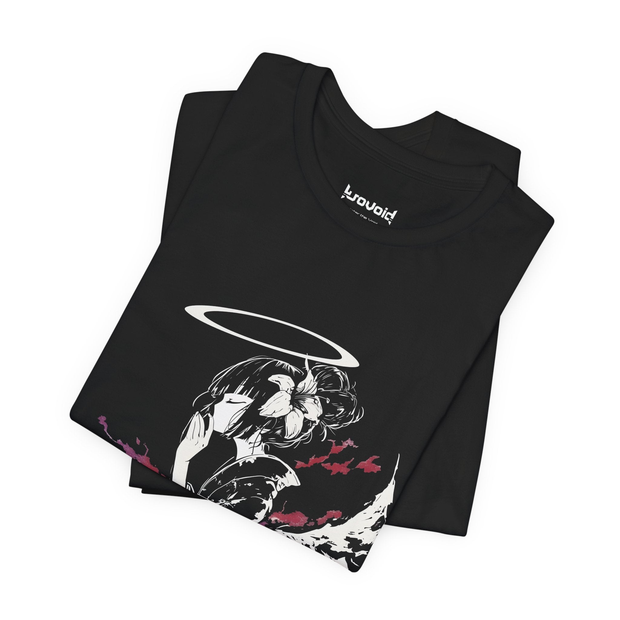 Celestial Oni Silent Bloom anime T-shirt featuring girl in kimono with halo, spider lilies, and purple flame accents